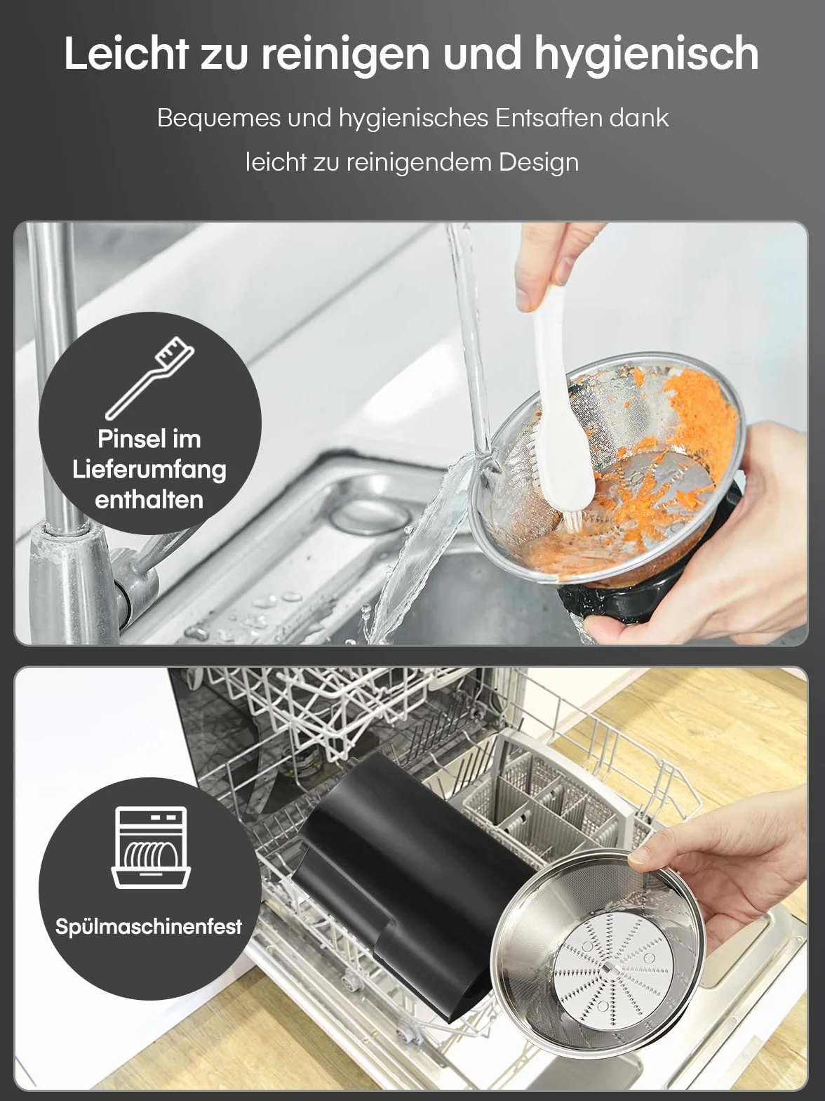 Juilist Licuadoras Para Verduras y Frutas, Extractor de Zumos y Verduras, Orificio de llenado de 65 mm, 3 Posiciones, con Cepillo de Limpieza, Fácil de Limpiar, Negro
