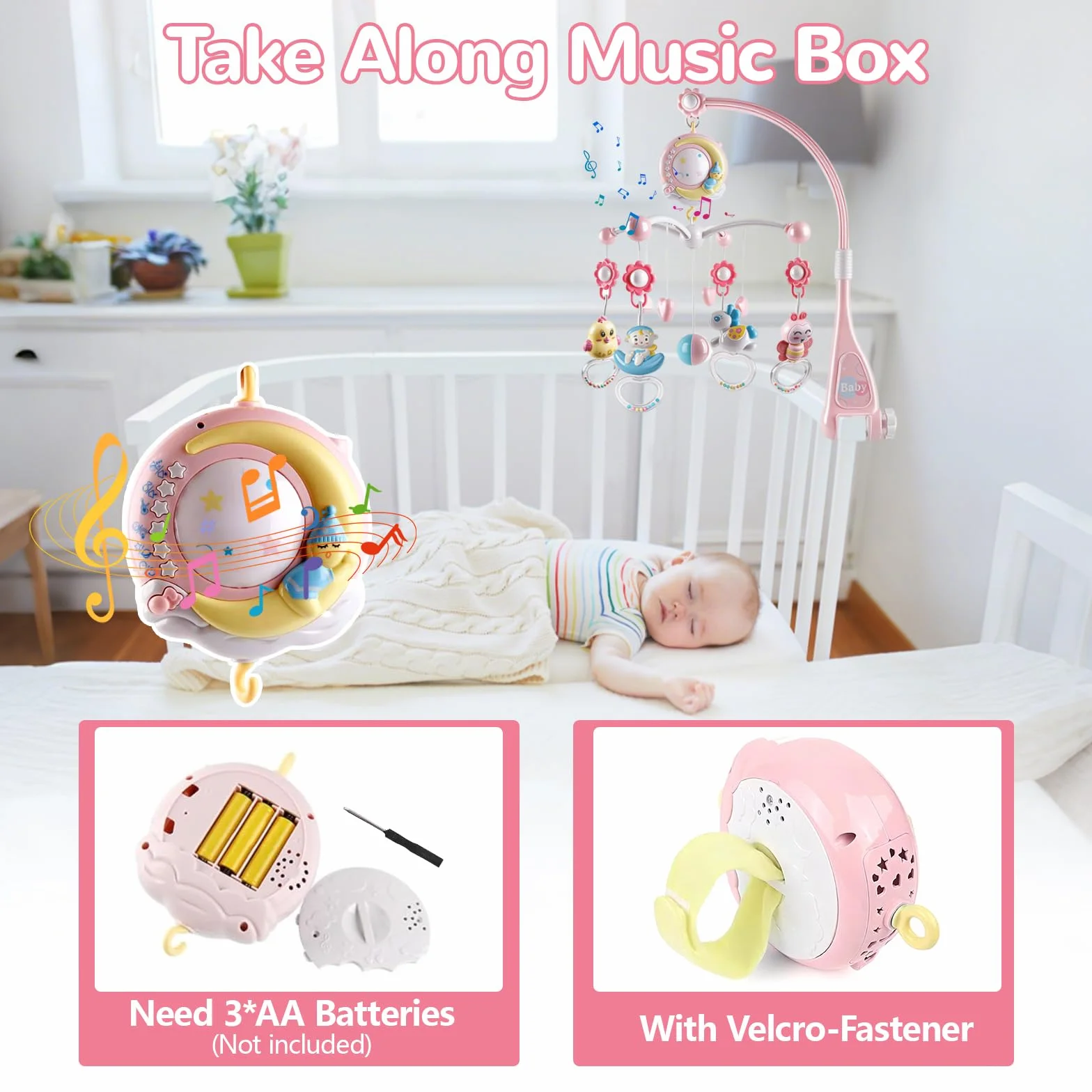 Movil Cuna Bebe, Móvil Musical para Cuna de Bebé con Proyector y Luz de Noche, Colgando Girando Sonajeros y 150 Melodias Mando a Distancia Caja de Musica, Movil Cuna Extraíble Juguete Cuna Bebé