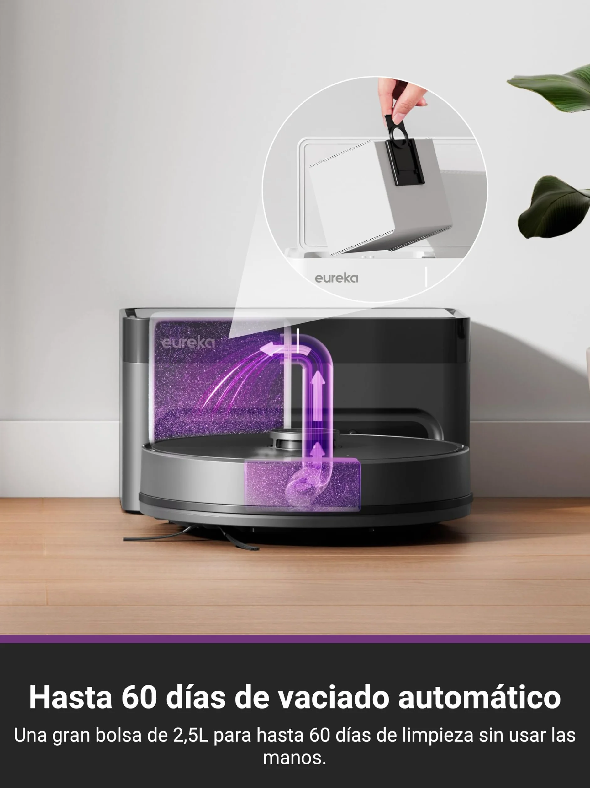 Eureka E6 Plus Robot Aspirador y Fregasuelos, 5000Pa Succión Potente, Base de Vaciado Automático 2.5L,Sistema LiDAR preciso, Control por App, Diseño Anti-enredo, Ahorrador de Espacio,Mapa Multicapa