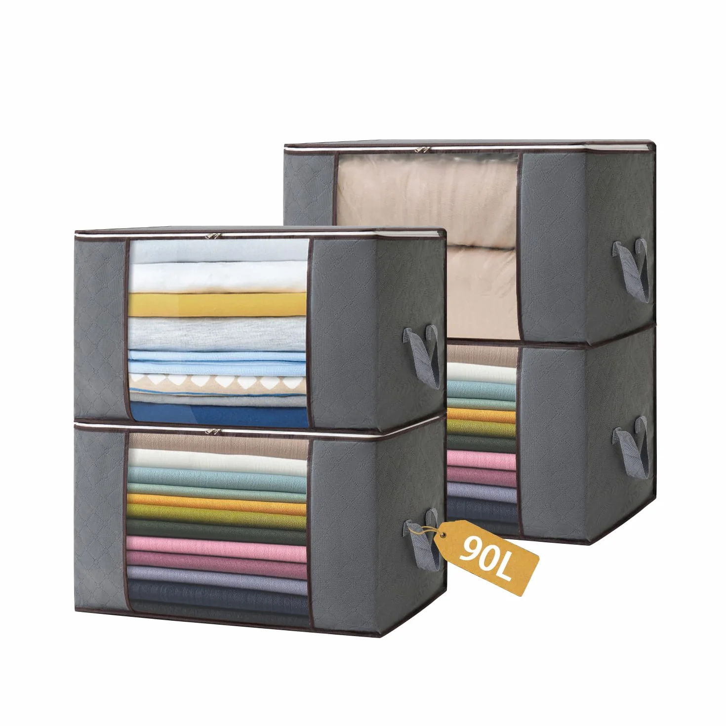 4 Piezas 90L Bolsas Almacenaje Ropa, Cajas Almacenaje Ropa, Cajas Almacenaje Plegable, Bolsas Para Guardar Ropa Con Mango Reforzado Para Guardar, Edredones, Mantas, Gris