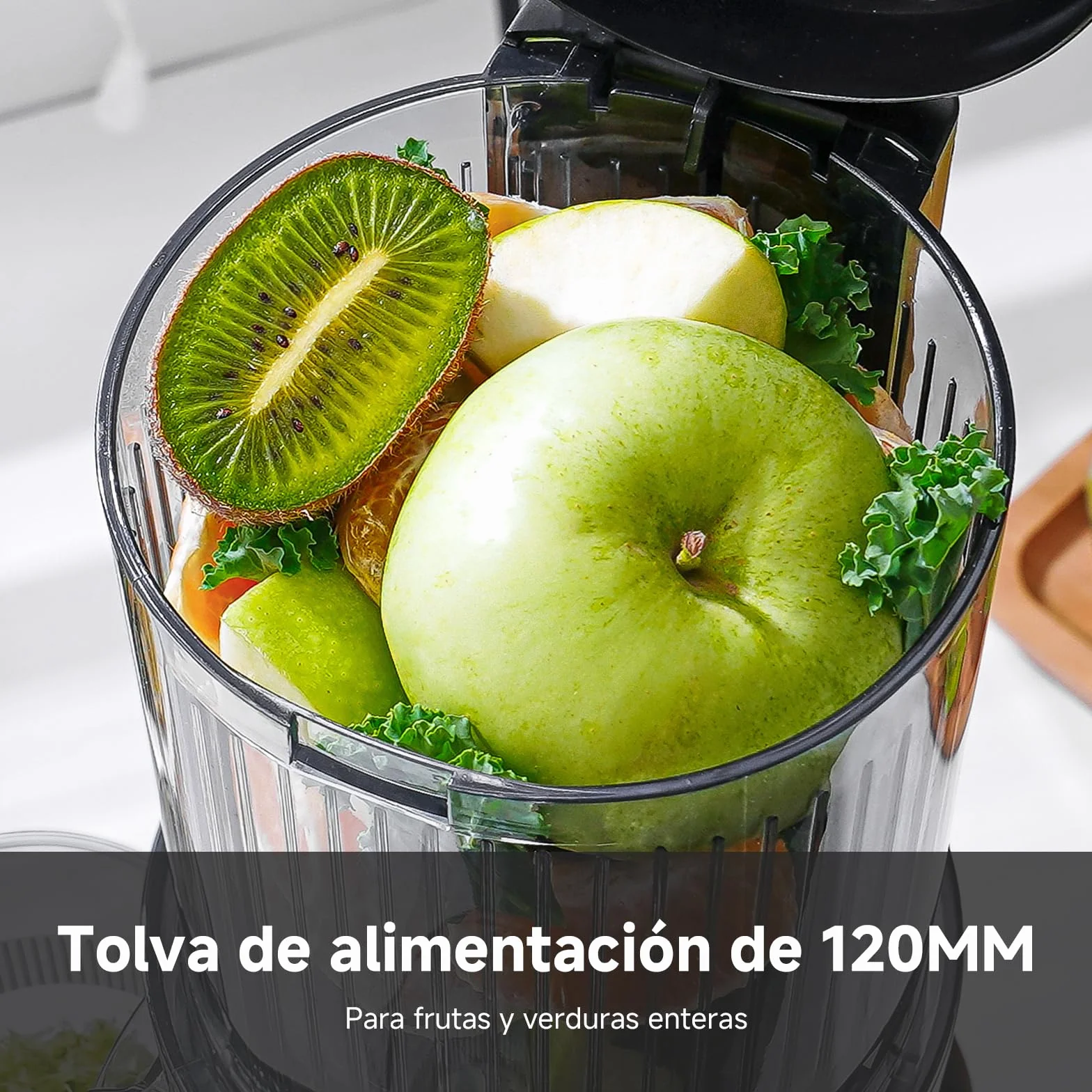 AMZCHEF Extractor de Zumos, Slow Juicer con Apertura de 120MM, Capacidad de 2 L, Licuadora Prensado en Frío para Frutas y Verduras Enteras, Cuerpo de Acero Inoxidable, Fácil Montaje y Limpieza, Plata