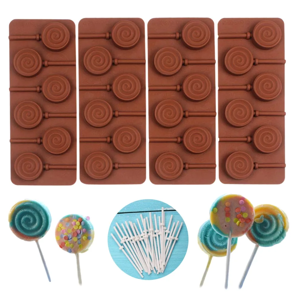 Molde redondo de silicona para decoración de pasteles de chocolate con 24 varillas reutilizables, forma de remolino, juego de 4