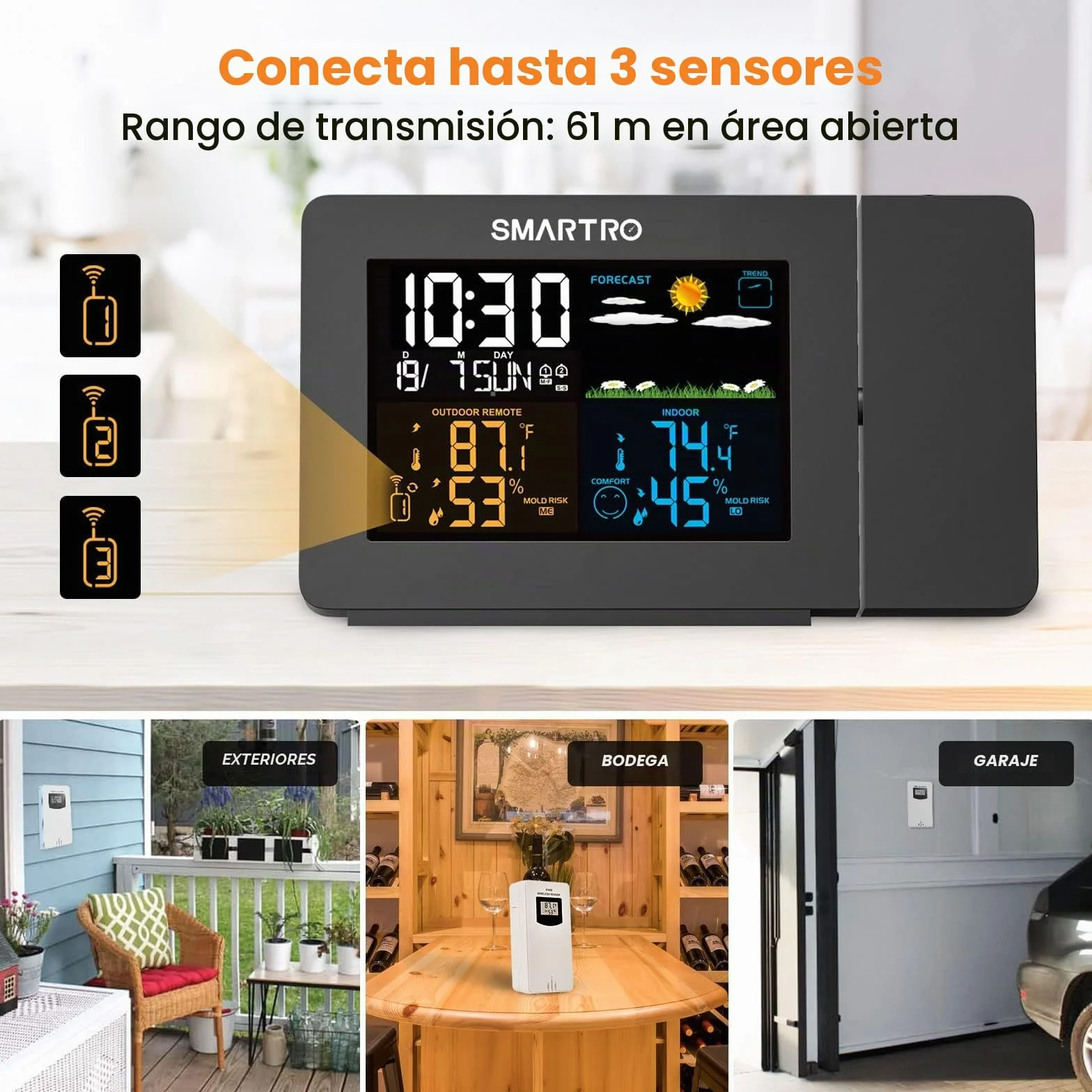 SMARTRO SC91 Despertador de proyección para dormitorios con estaciones meteorológicas, termómetros inalámbricos interiores y exteriores, monitores de temperatura y humedad y higrómetros
