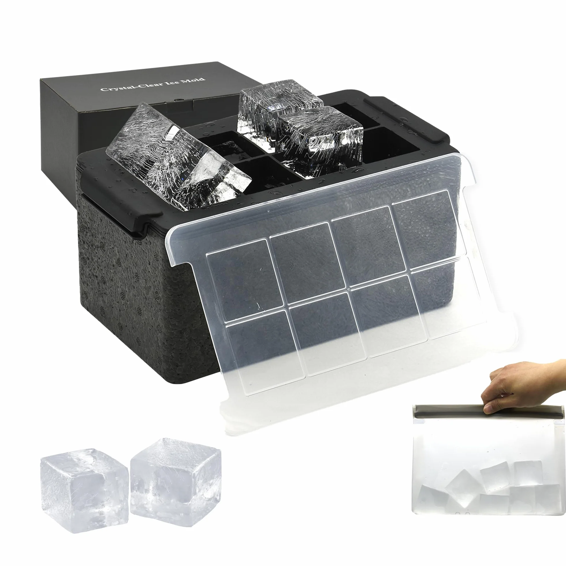 Bangp Molde para hacer 8 cubitos de hielo grandes cuadrados transparentes de 2 pulgadas para whisky, cóctel, bourbon y bebidas, con bolsa de almacenamiento