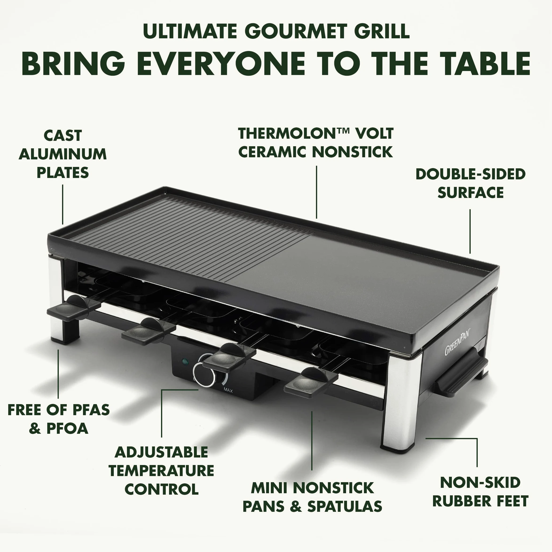 GreenPan Bistro Raclette Grill de Cerámica Antiadherente Sin PFAS, Eléctrico de Mesa para 8 Personas, Reversible 3 en 1 Parilla,Plancha y Crepes, 8 Mini-Sartenes Antiadherentes y Espátula,Lavavajillas