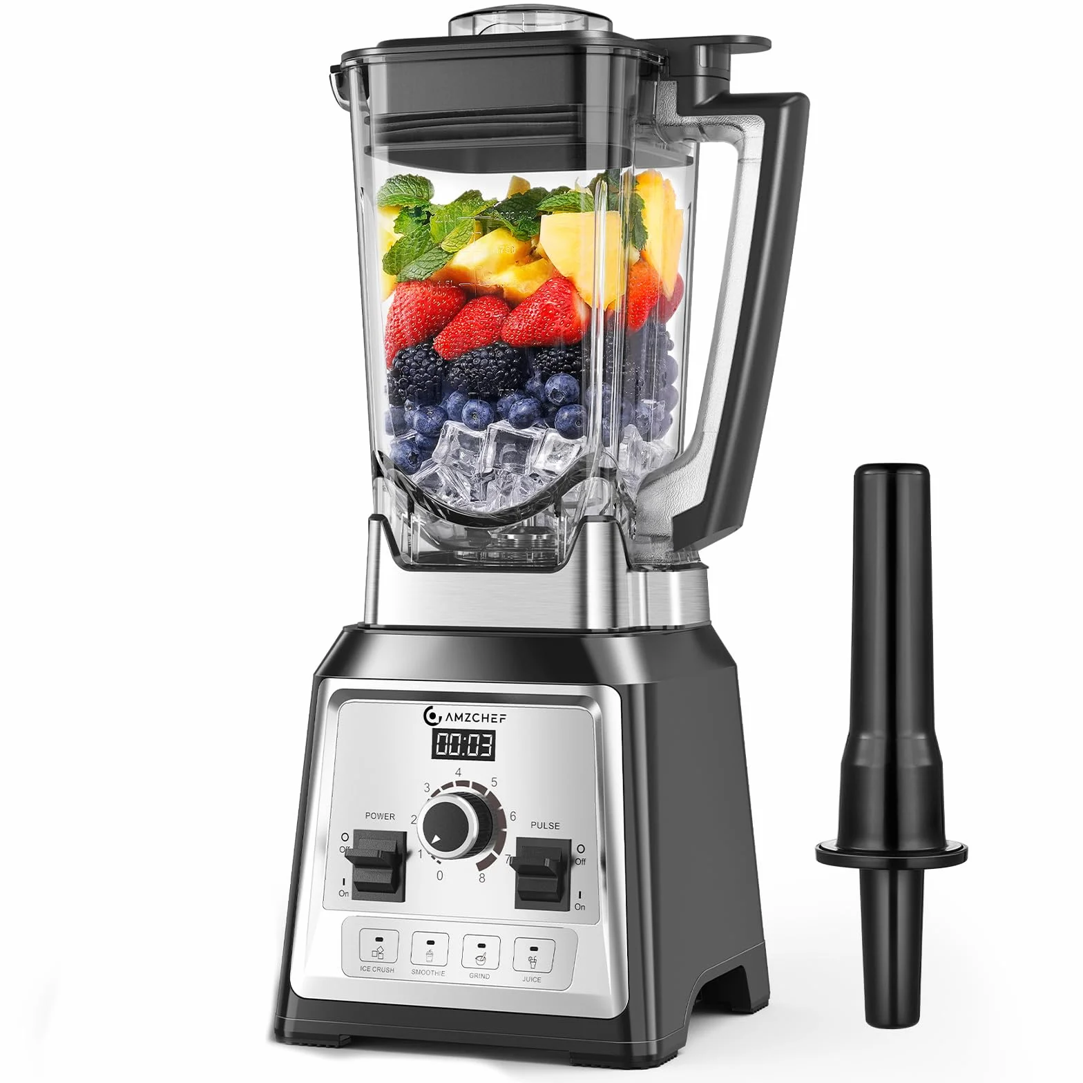 AMZCHEF Profesional Batidora, 2000 W batidora eléctrica con 4 funciones de un botón y 8 velocidades ajustables y función pulsaciones, batidora con 8 cuchillas de acero inoxidable – 25 000 rpm