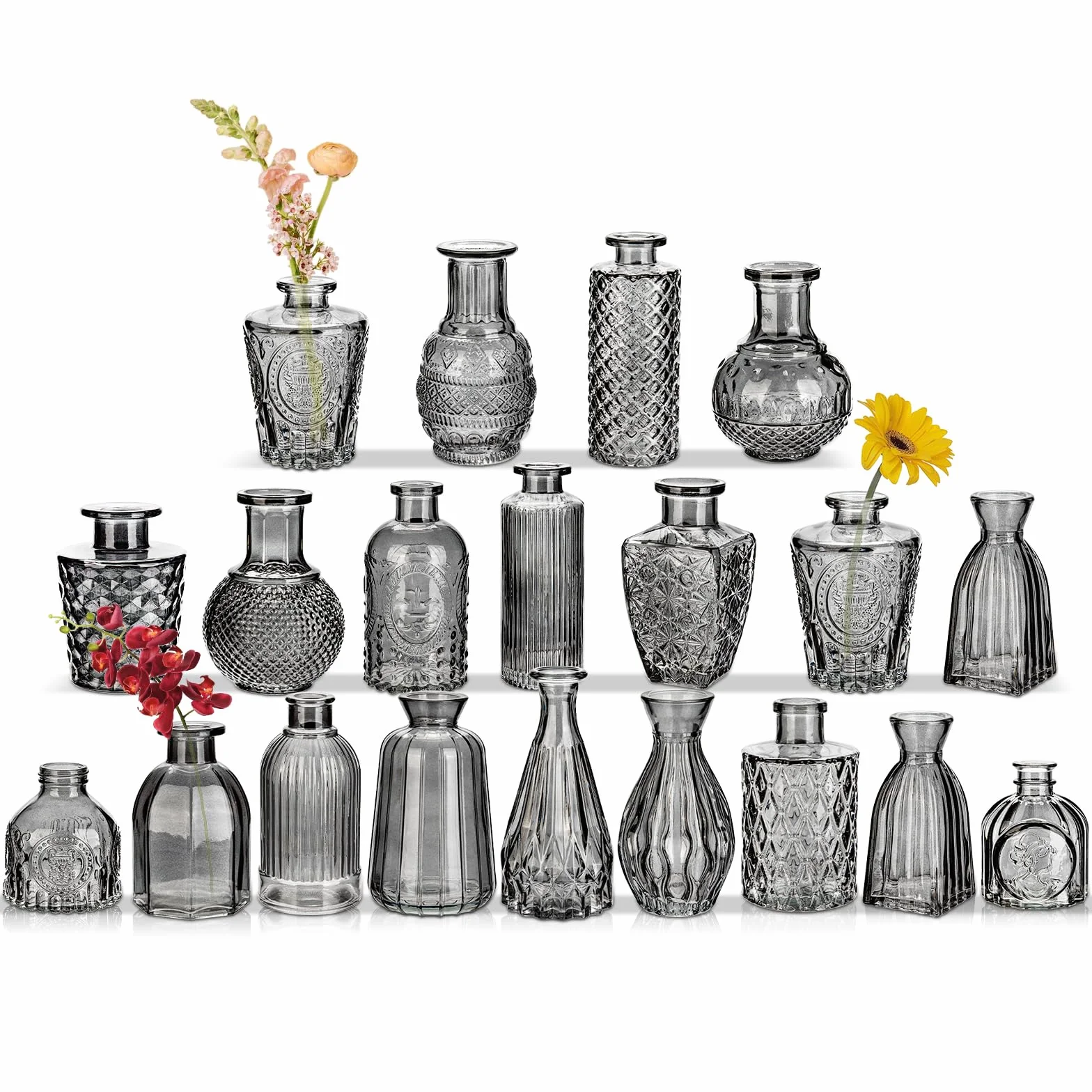 Oairse Juego de 20 jarrones de cristal gris para flores, mini jarrones vintage para arreglos florales, jarrón pequeño decorativo a granel para centros de mesa de boda, decoración de mesa, mesa del