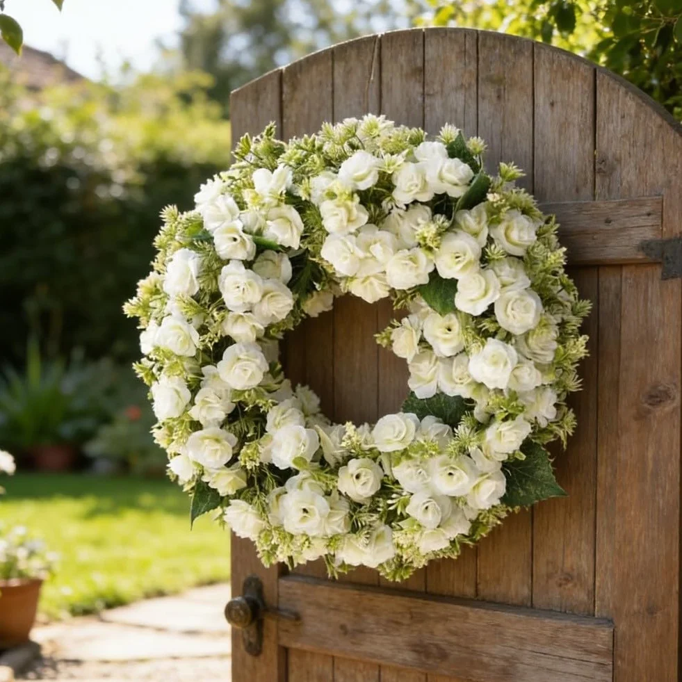Corona de rosas con pétalos artificiales blancos y rosas para montaje en pared de puerta, primavera, verano, boda, interior y exterior (blanco)