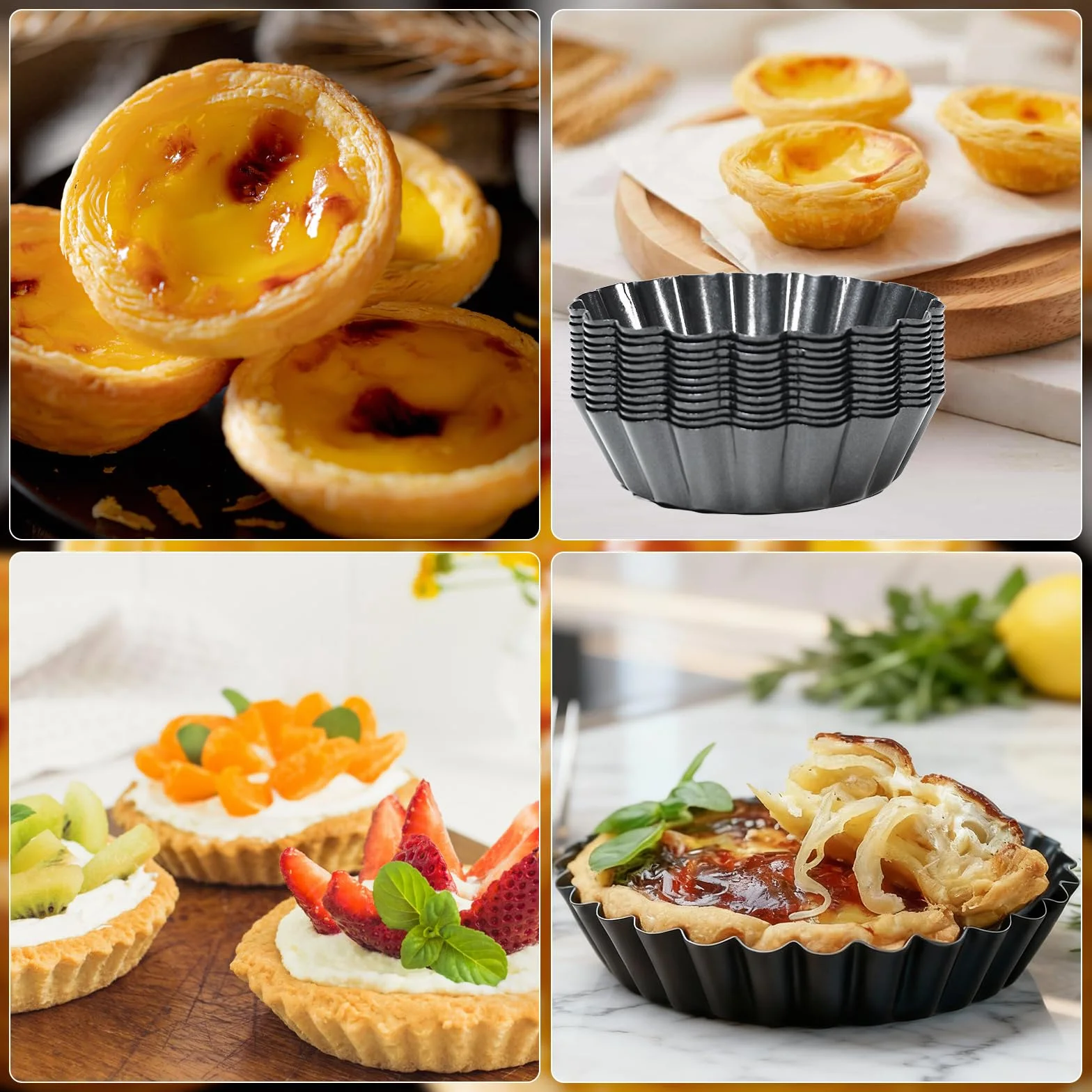 Molde para tartas con base elevadora, 12 unidades de 8 cm/3 pulgadas, revestimiento antiadherente, molde para quiche, molde para tartelette de acero al carbono, reutilizable, para hornear