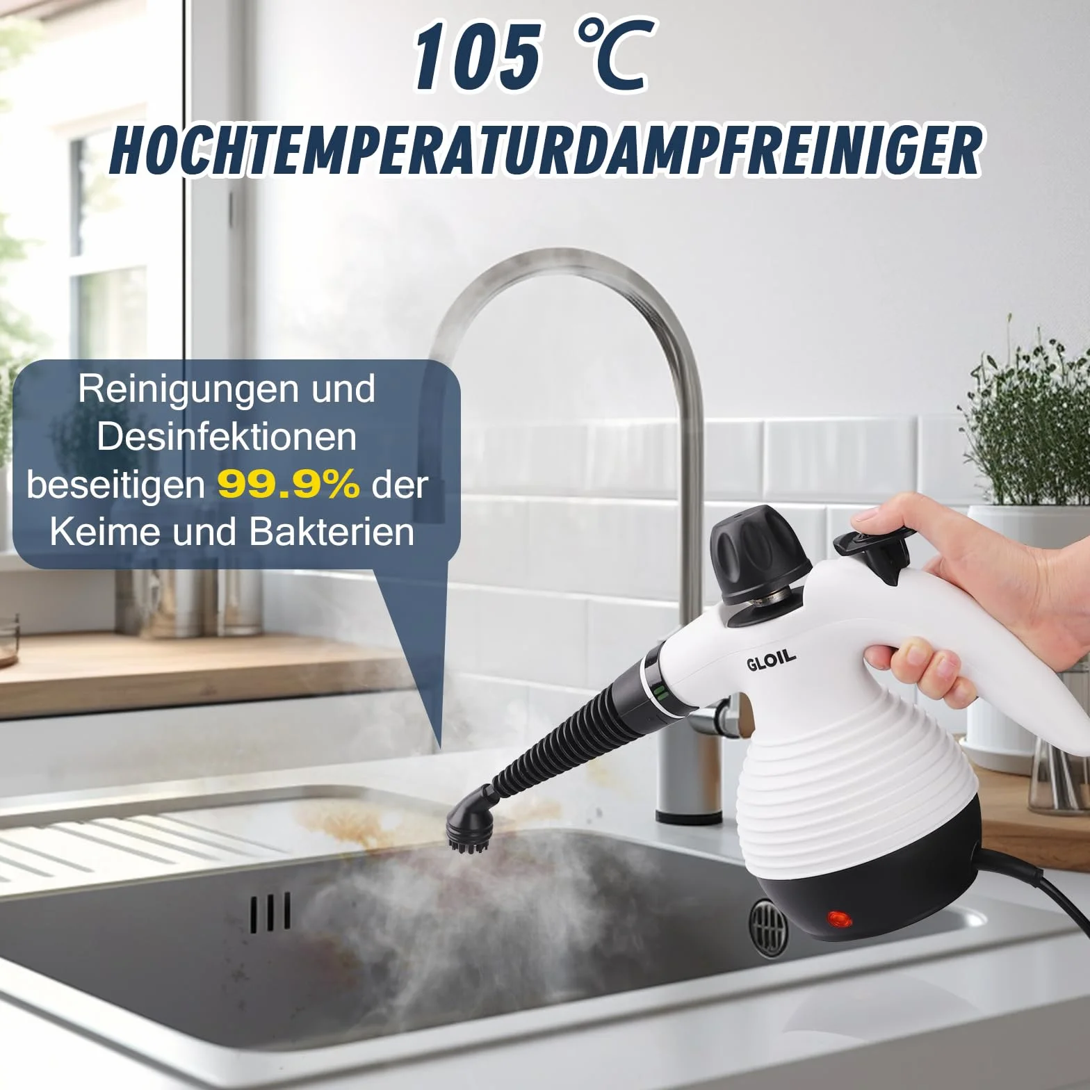 Vaporeta de Limpieza, Limpiador de vapor para todo, portátil multiusos Steam Cleaner con 10 accesorios para alfombras, cortinas, sofás, cocinas y baños. (Black)