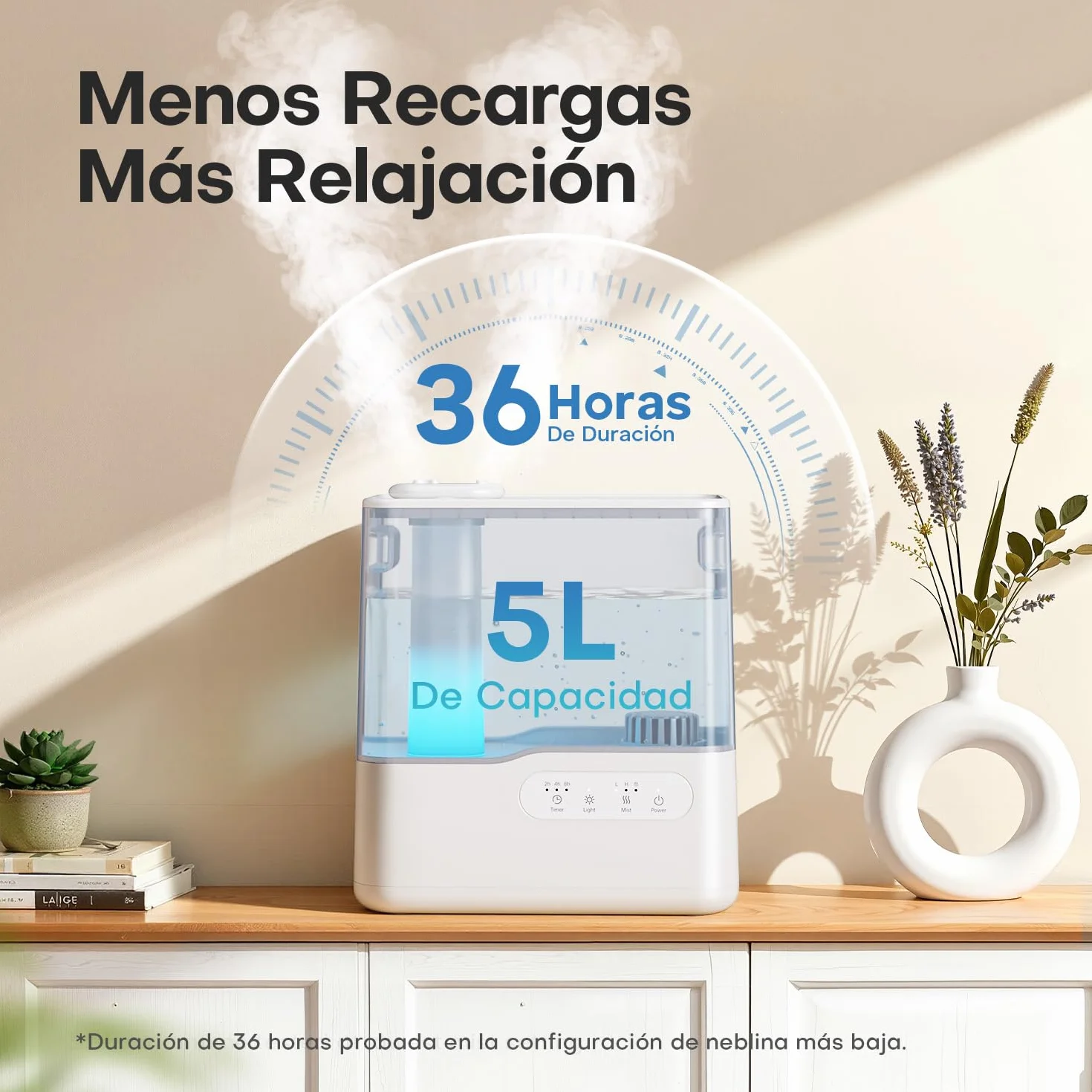 AROEVE Humidificador de Aire 5L Ultrasónico Top-Fill Niebla Fría 36H 25dB Silencioso