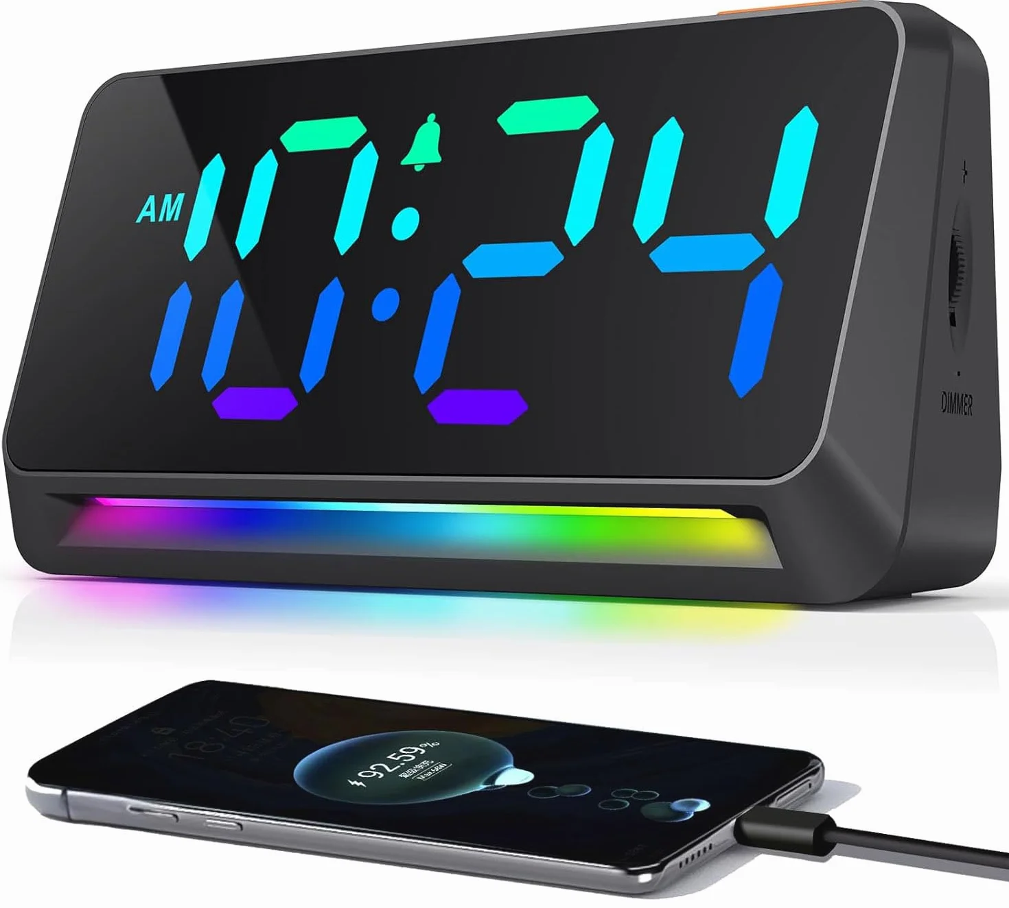 Despertador digital con números grandes, despertador digital con pantalla RGB, reloj digital extra con brillo ajustable, alarma fuerte, despertador enchufable con luz nocturna, puerto de carga