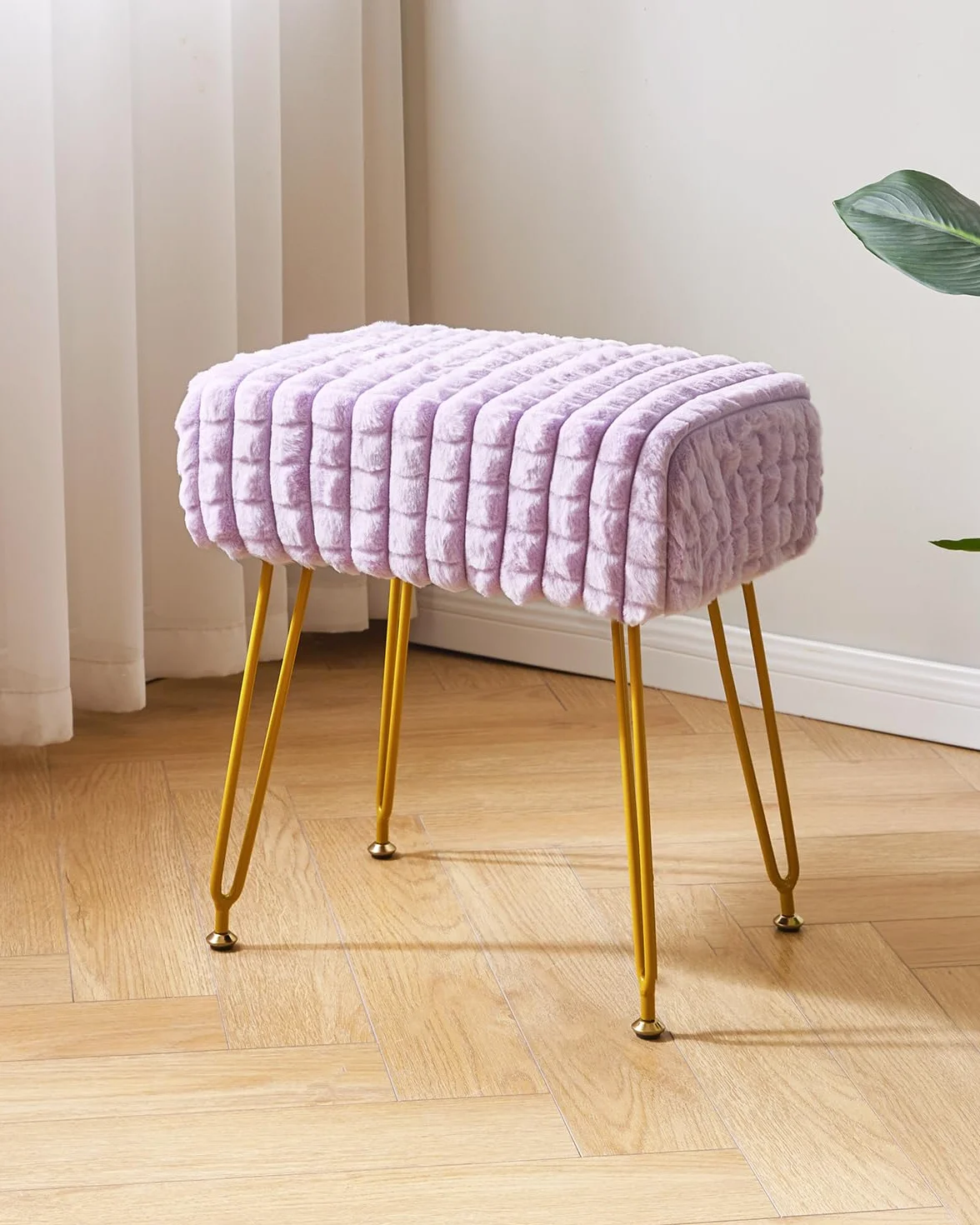 IBUYKE Otomano Rectangular Taburete de Terciopelo con Piernas de Acero Dorado Púrpura