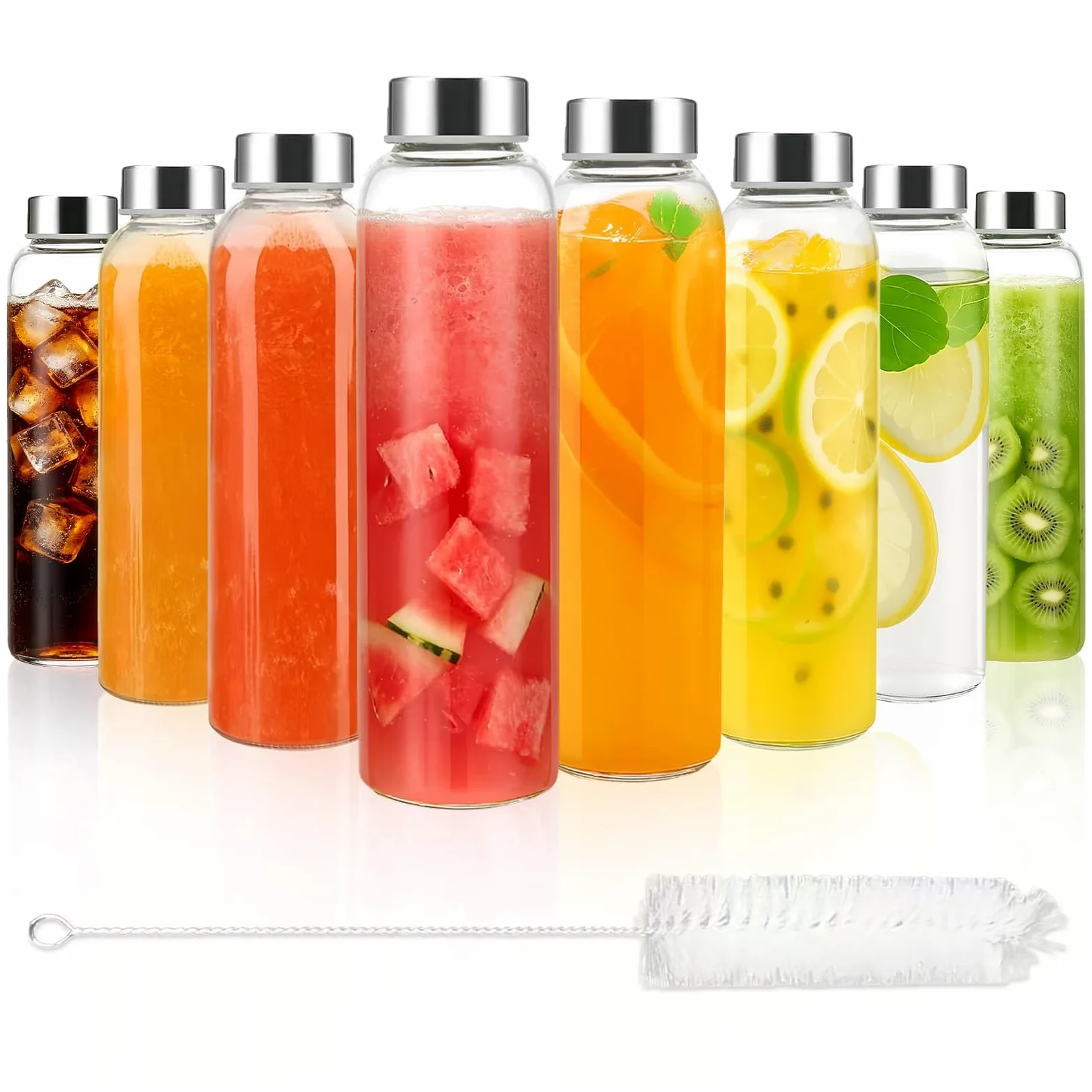 Eidoct 8 botellas de agua de vidrio con tapas, botellas de jugo de vidrio de 500 ml, botella reutilizable a prueba de fugas, botellas de vidrio transparente para jugo, tarro de salsa, bebidas