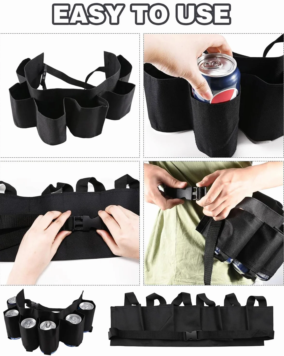 Cinturón Porta Cervezas con 6 Portavasos Nylon, para Fiestas Camping Viajes Barbacoa Negro