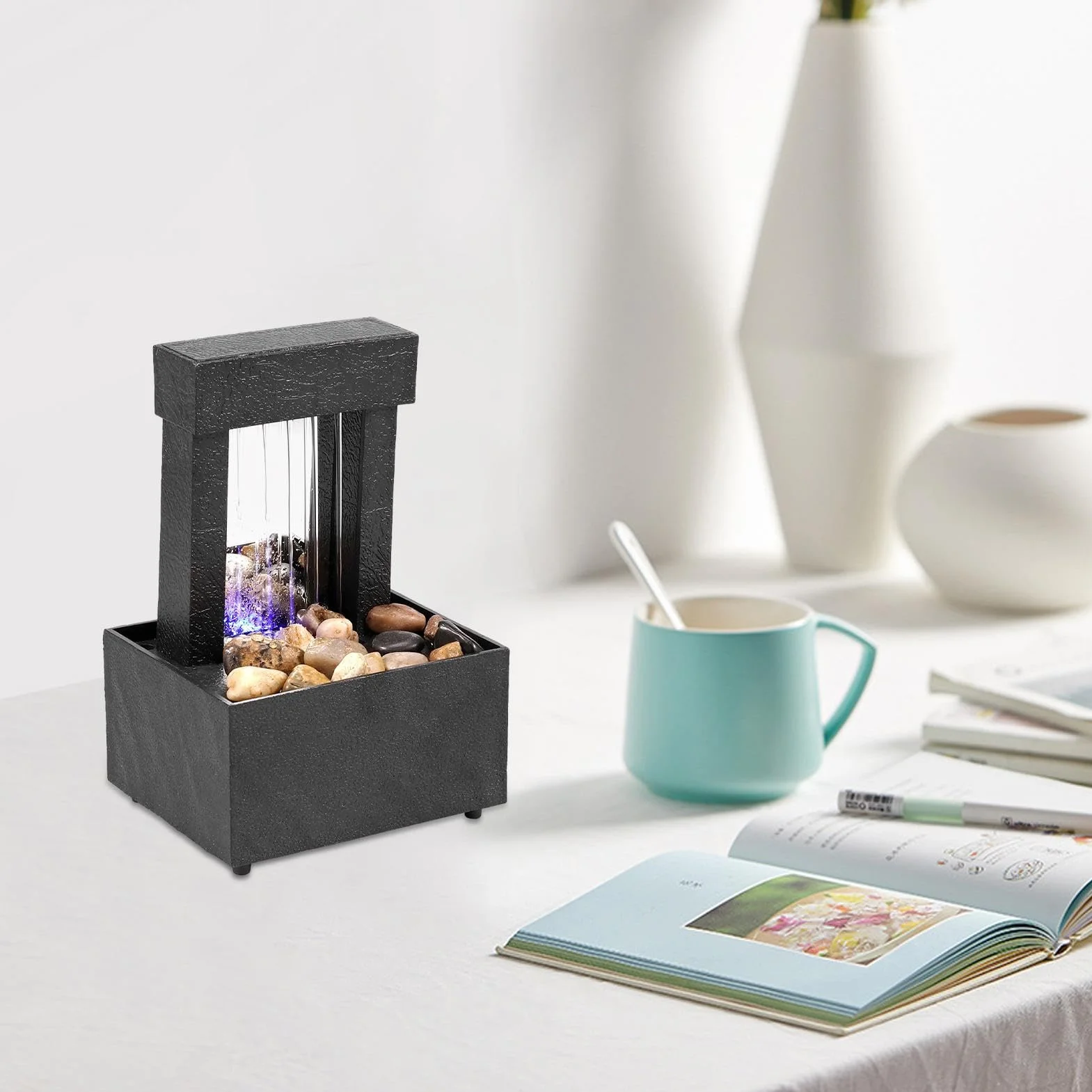 Fuente de cascada con juegos de agua relajantes - Fuente de mesa, fuente de cascada de mesa | Fuente de escritorio para meditación zen con luz LED, decoración para espacios interiores de h