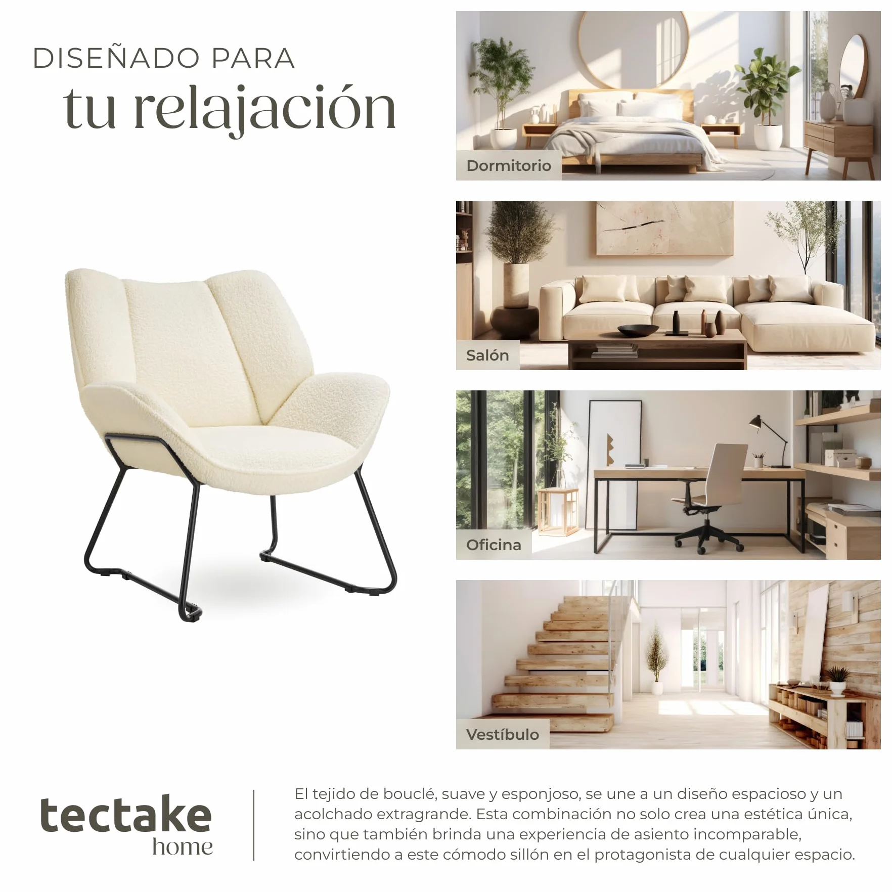 tectake® Sillón de Bouclé Acolchado y Reclinable, Butaca Escandinava con Reposabrazos y Respaldo, Tapizado de Espuma de Alta Densidad, Estructura de Acero con Protección Antideslizante - Crema/Blanco