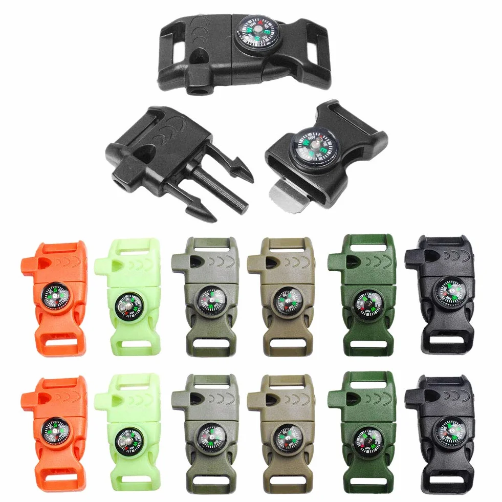 CooBigo Brújula 5/8 pulgadas, raspador de pedernal, iniciador de fuego, pulsera de paracaídas para camping y emergencia