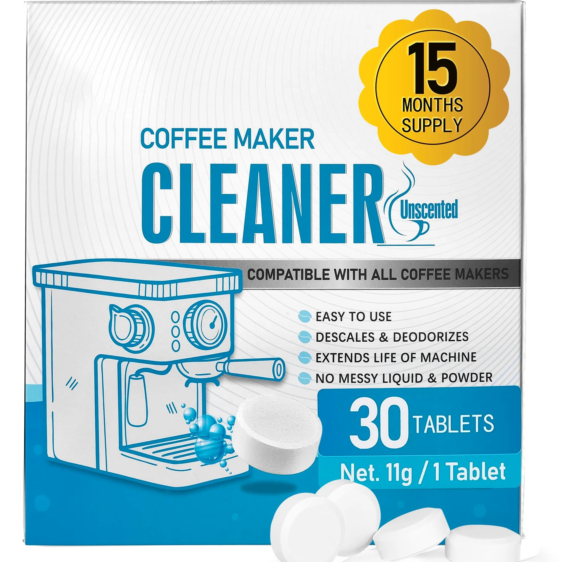 Poesie 30 pastillas de limpieza para cafetera, descalcificador para cafetera, compatible con todas las máquinas de café, descalcificación y limpieza para café por goteo y espresso