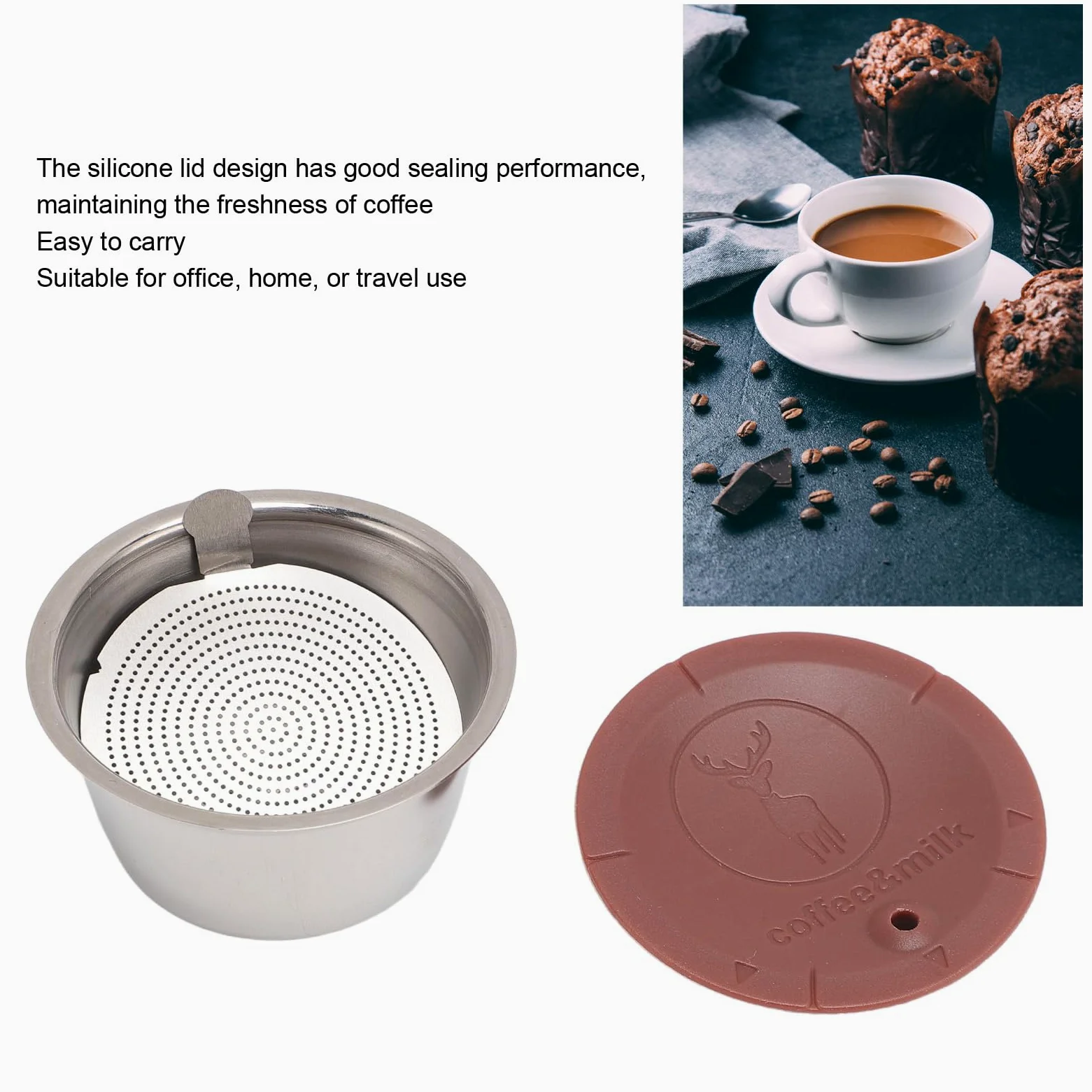Cápsula de café de Acero Inoxidable, Cápsulas de Reutilizables, Cápsulas de café Recargables, Filtros de Tazas de Acero Inoxidable, Tapa de Silicona Fácil de Limpiar, Portátil,