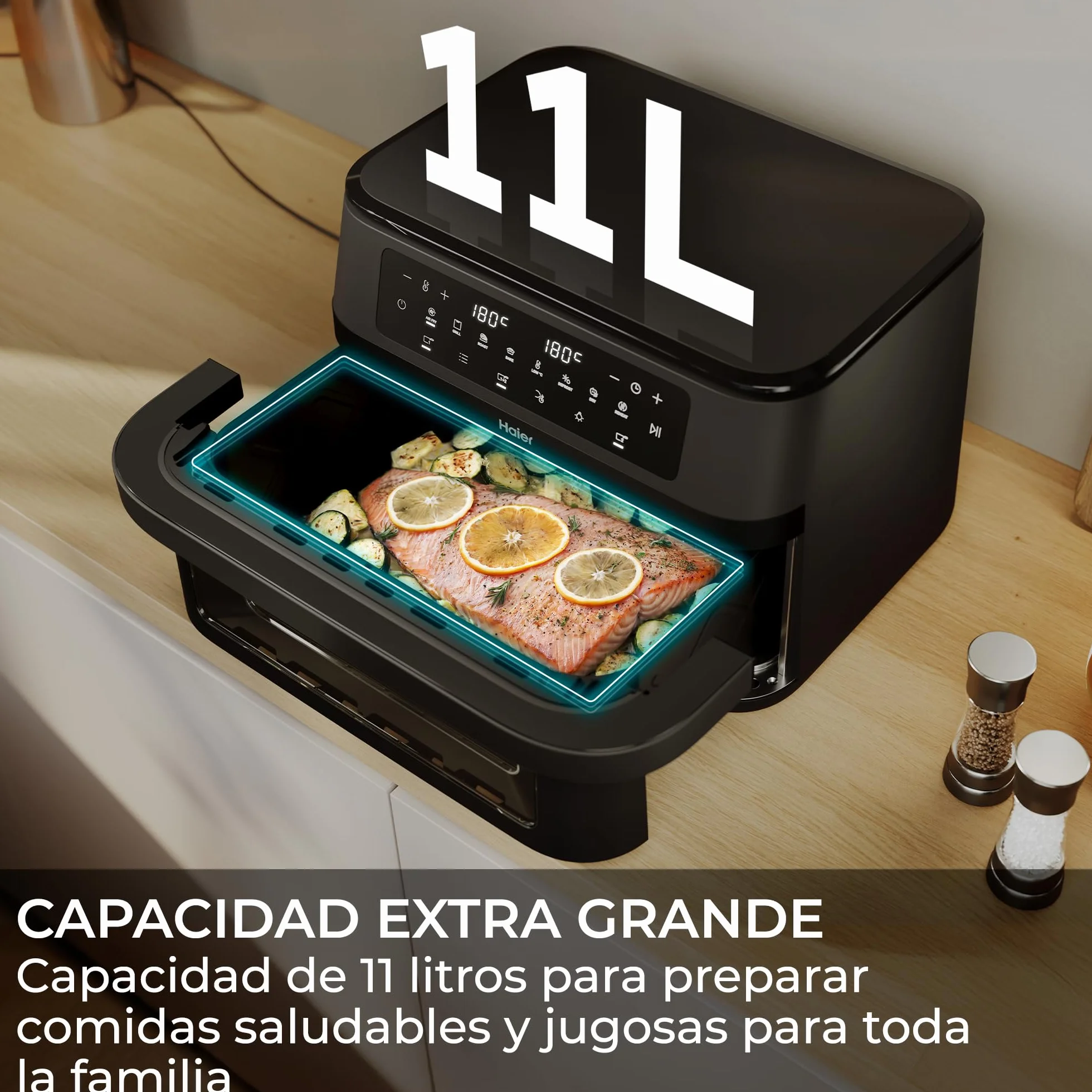 Haier Freidora de Aire Flexi | 11L con Divisor y Ventana | 8 Funciones, Divisor para 1 o 2 Zonas, Función Sync, Alerta de Agitado, Antiadherente, Lavavajillas