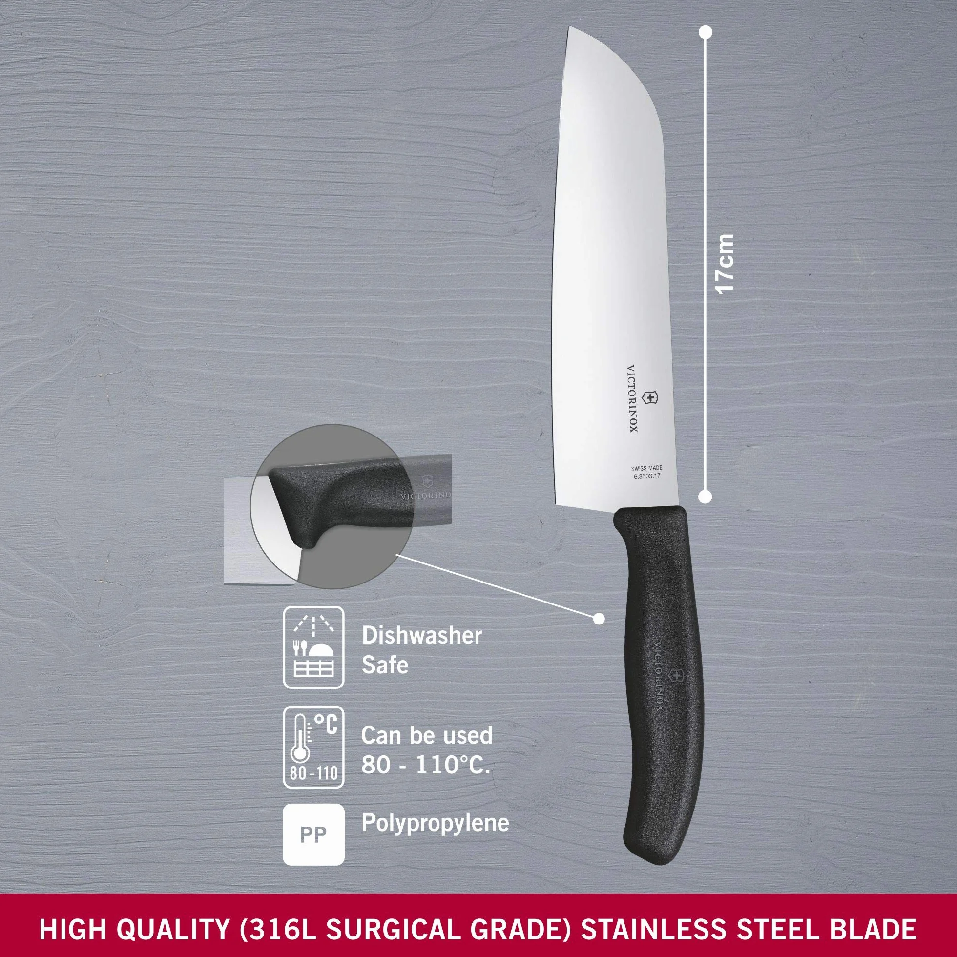 Victorinox Swiss Classic, Cuchillo Santoku, Cuchillo de cocina, Filo recto, Hoja extra afilada, Apto para lavavajillas, Acero inoxidable, Negro