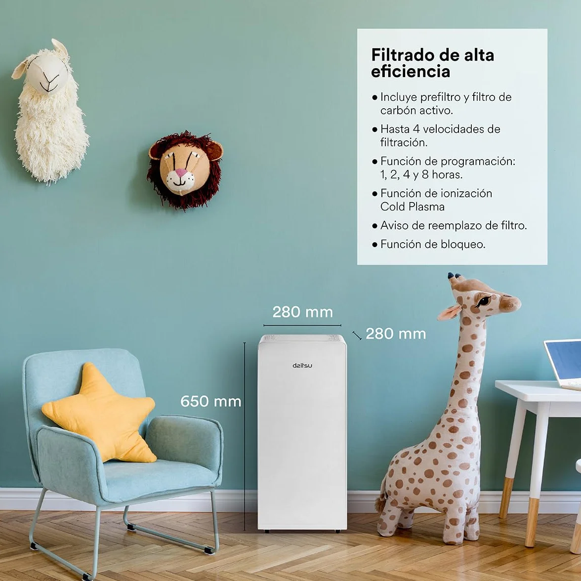 Daitsu - Purificador de Aire | Filtro HEPA13 + Carbón Activo + Ionizador Cold Plasma | Hasta 55 m² | 3 Velocidades | Programación | Certificado CE