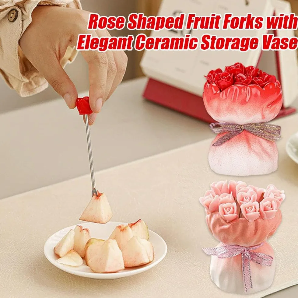 Juego de tenedores de frutas, 12 tenedores de postre de acero inoxidable en forma de rosa con elegante jarrón de almacenamiento de cerámica, tenedores novedosos para cocina, fiesta, comedor