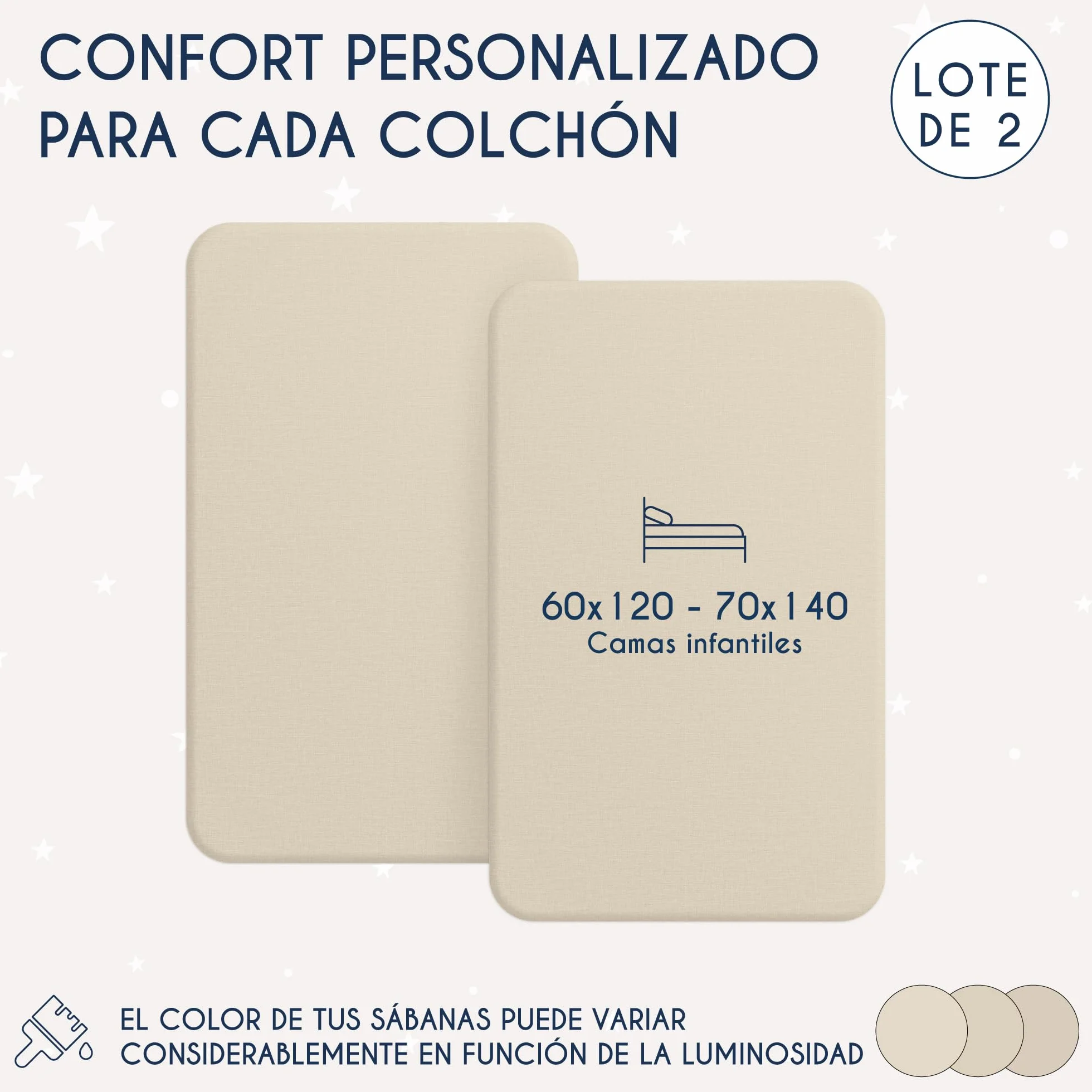 Dreamzie - Juego de 2 Sabanas Cuna 60x120/70x140 Algodon Ajustables - Oeko Tex Certificado - Beige - Sabana Bajera Cuna 60x120/70x140 Algodon 100%
