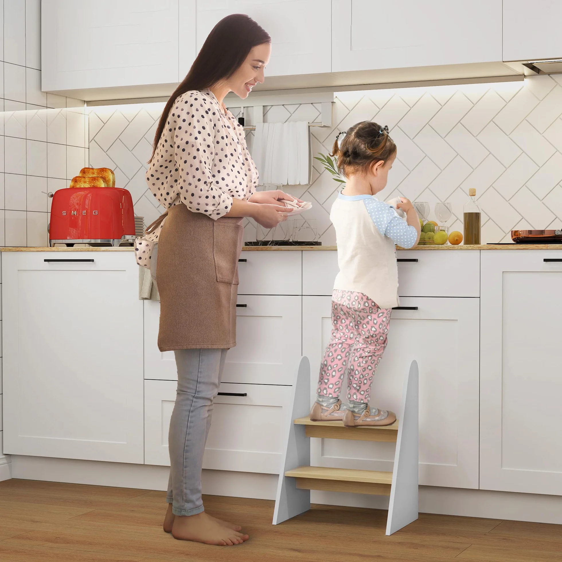 AIYAPLAY Taburete Torre de Aprendizaje 2 Peldaños para Niños +3 Años Blanco