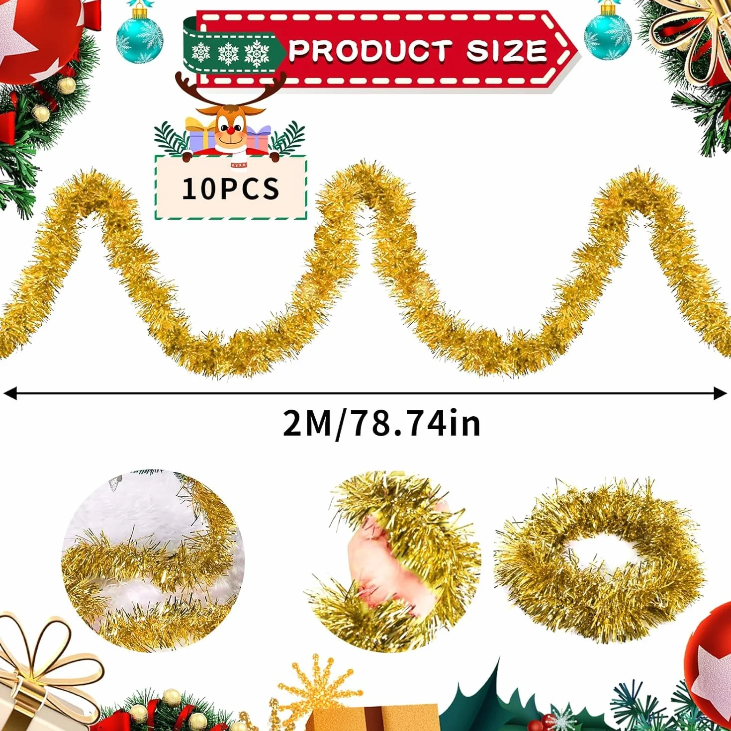 10 guirnaldas de espumillón de Navidad, guirnalda de 2 m para árbol de Navidad, guirnalda de lametta, espumillón brillante, guirnalda de decoración de árbol de Navidad, para Navidad, bodas, fiestas de