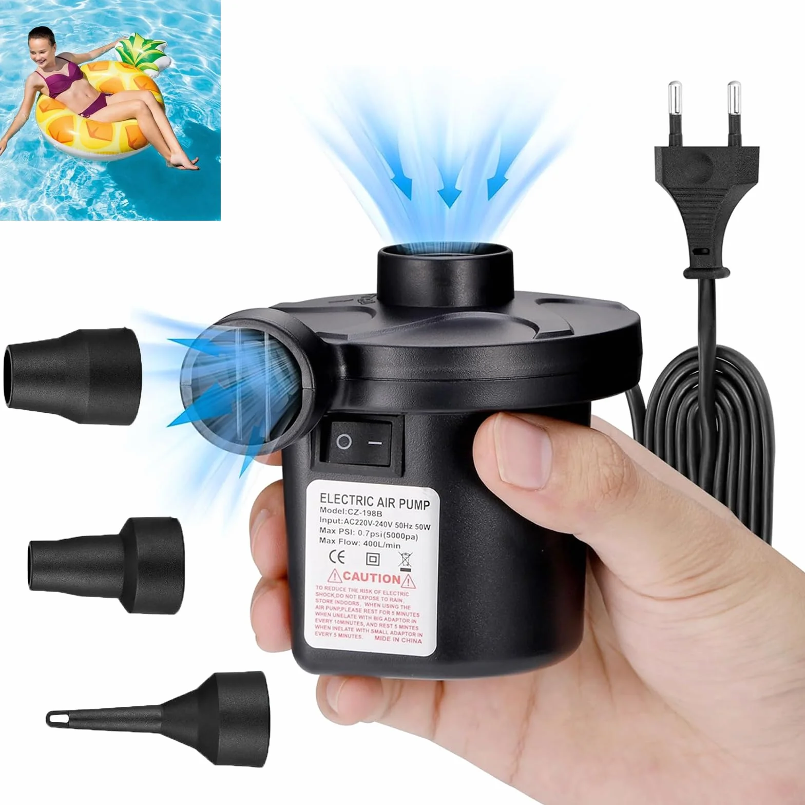 JIZZU Inflador Eléctrico Portátil 2 en 1 con 3 Boquillas para Colchones Hinchables