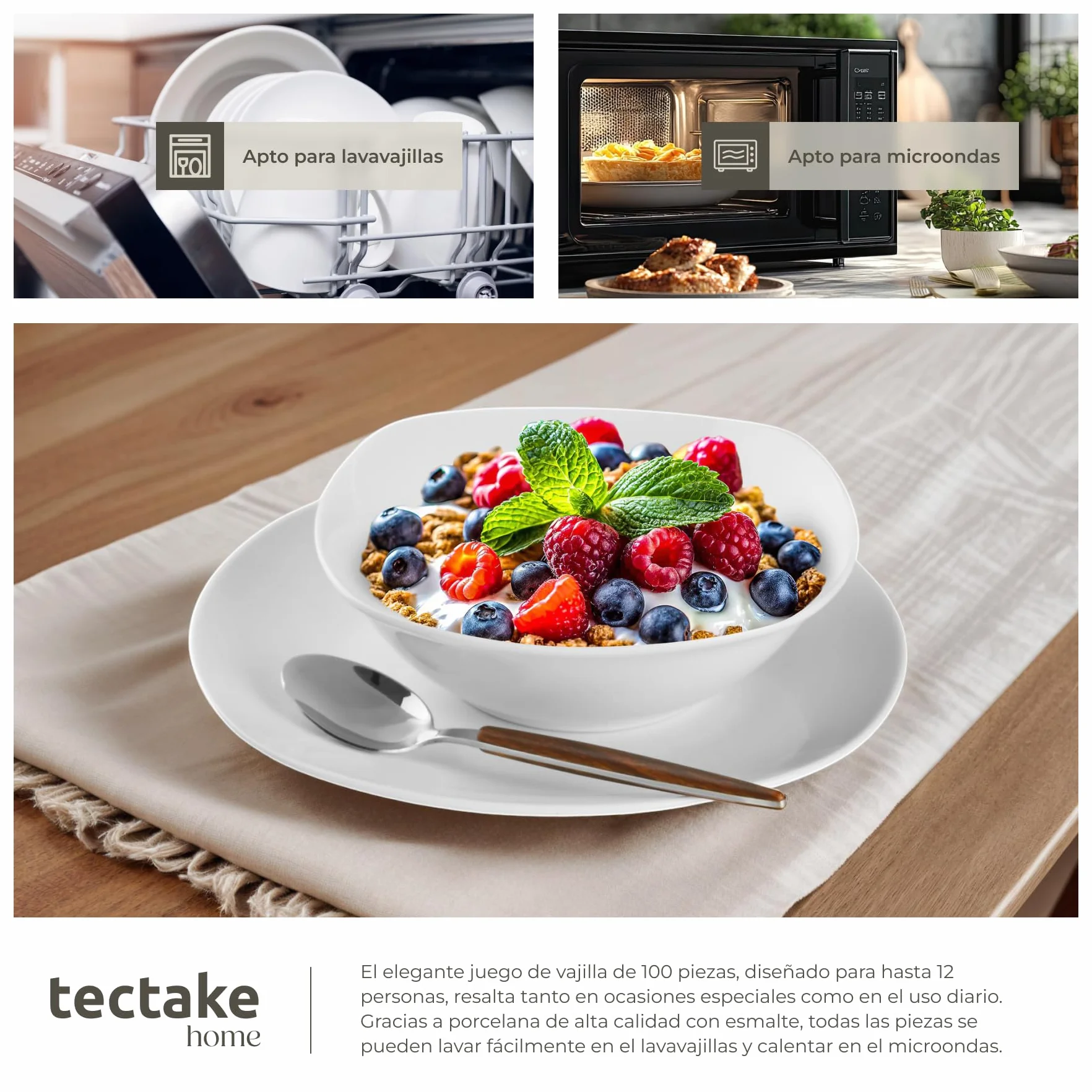 tectake® Juego de Vajilla de Porcelana, 100 Piezas para 12 Personas, Apta para Lavavajillas y Microondas, Platos y Cuencos Apilables, Resistente a Arañazos, Vajilla Completa Ideal para Cocina Moderna