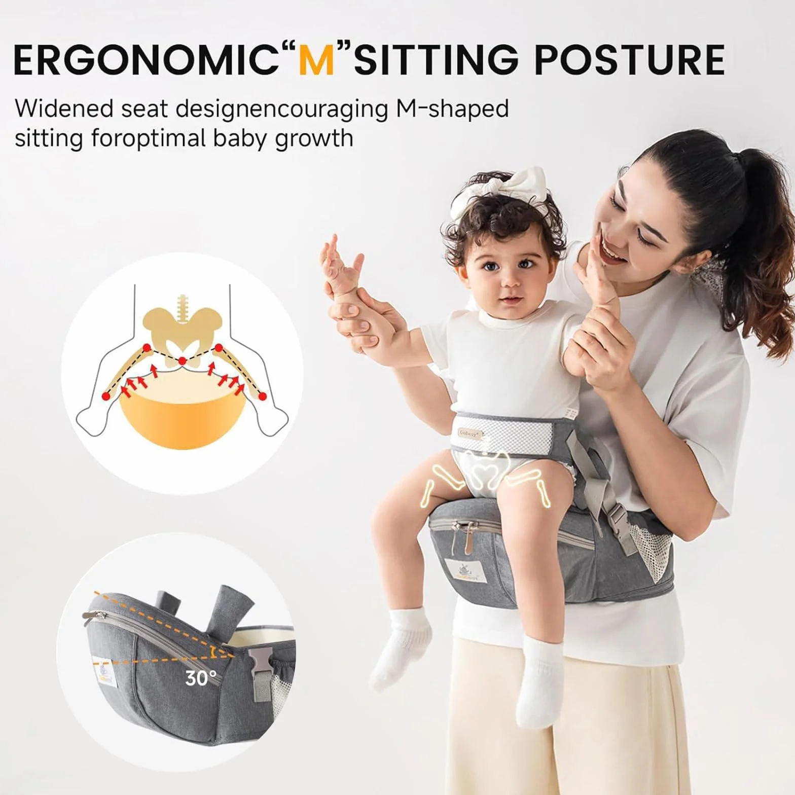 Asiento de cadera ergonómico 0-36 meses transpirable algodón gris oscuro