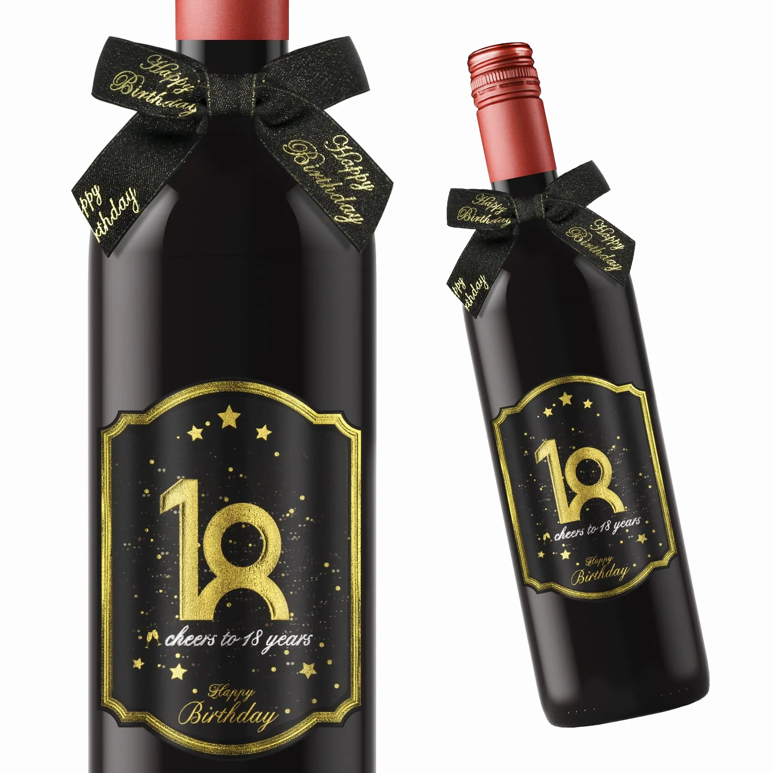 Giftota 2 unidades 18 etiquetas para botellas de cumpleaños y lazos de regalo – Etiquetas de vino personalizadas autoadhesivas para vino espumoso y vino espumoso – Decoración de 18 cumpleaños – Regalo