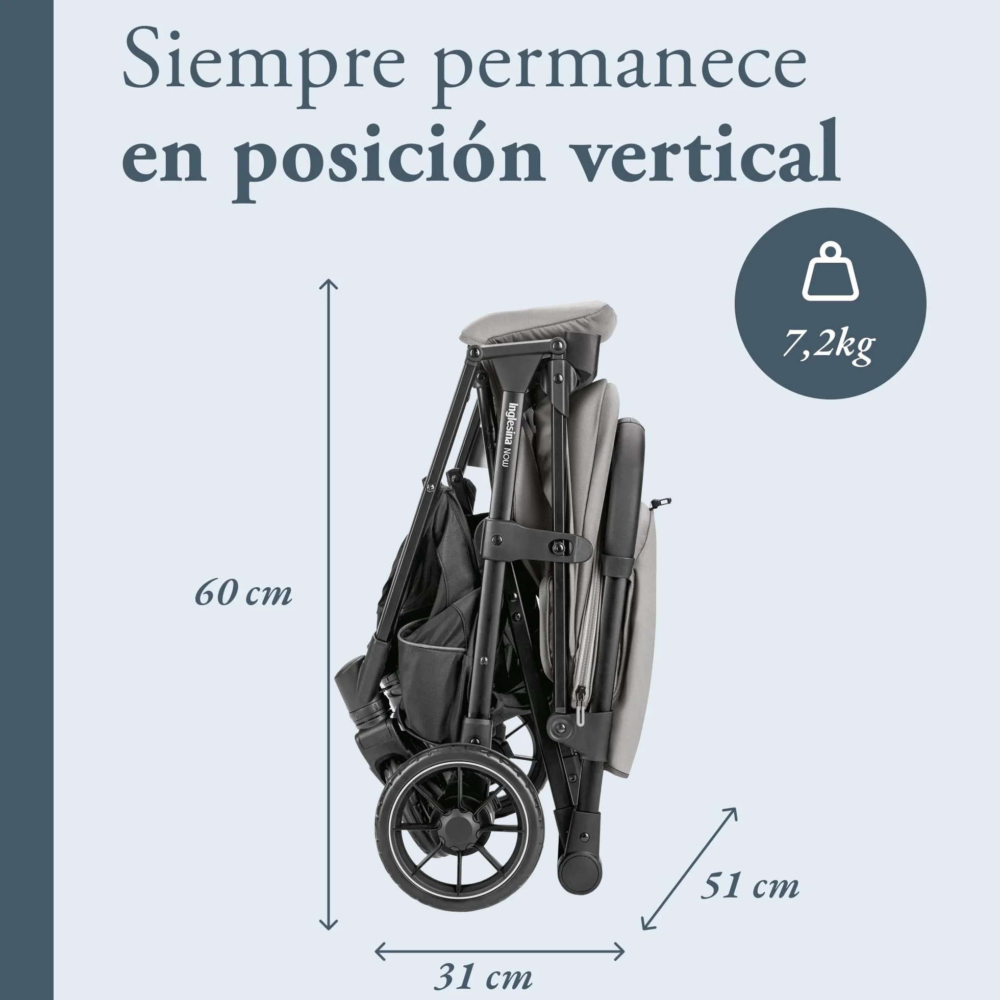 Inglesina NOW Silla de Paseo Compacta Ligera 7,2 kg, Cierre Automático One Touch, Respaldo Reclinable 170°, Capota UPF 50+, desde Nacimiento hasta 22 kg, Snap Grey