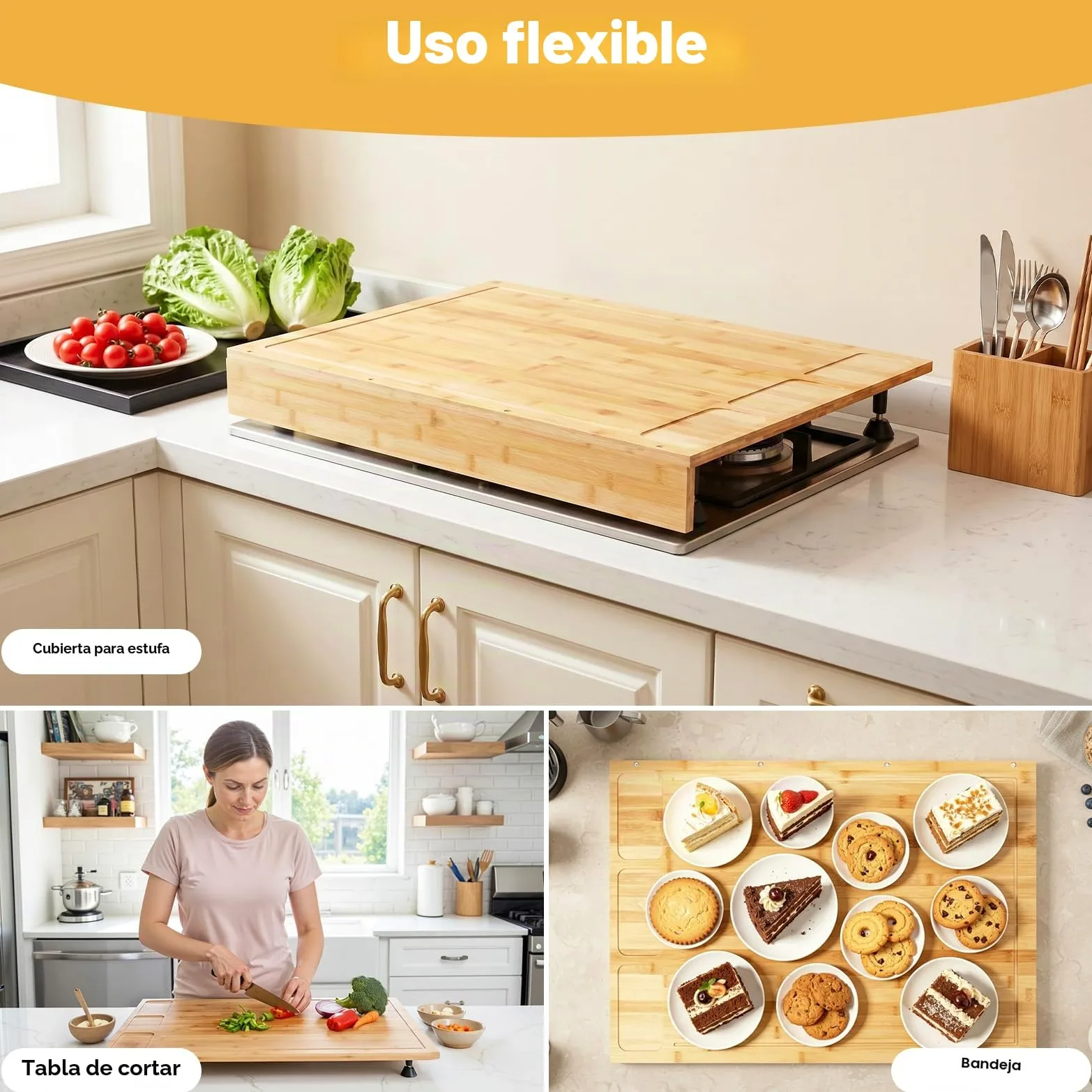 Cubierta de cocina de madera con 4 pies de apoyo extraíbles, cubierta de cocina, cubierta multifuncional, para la mayoría de cocinas de gas y eléctricas, 75 x 54 x 10 cm