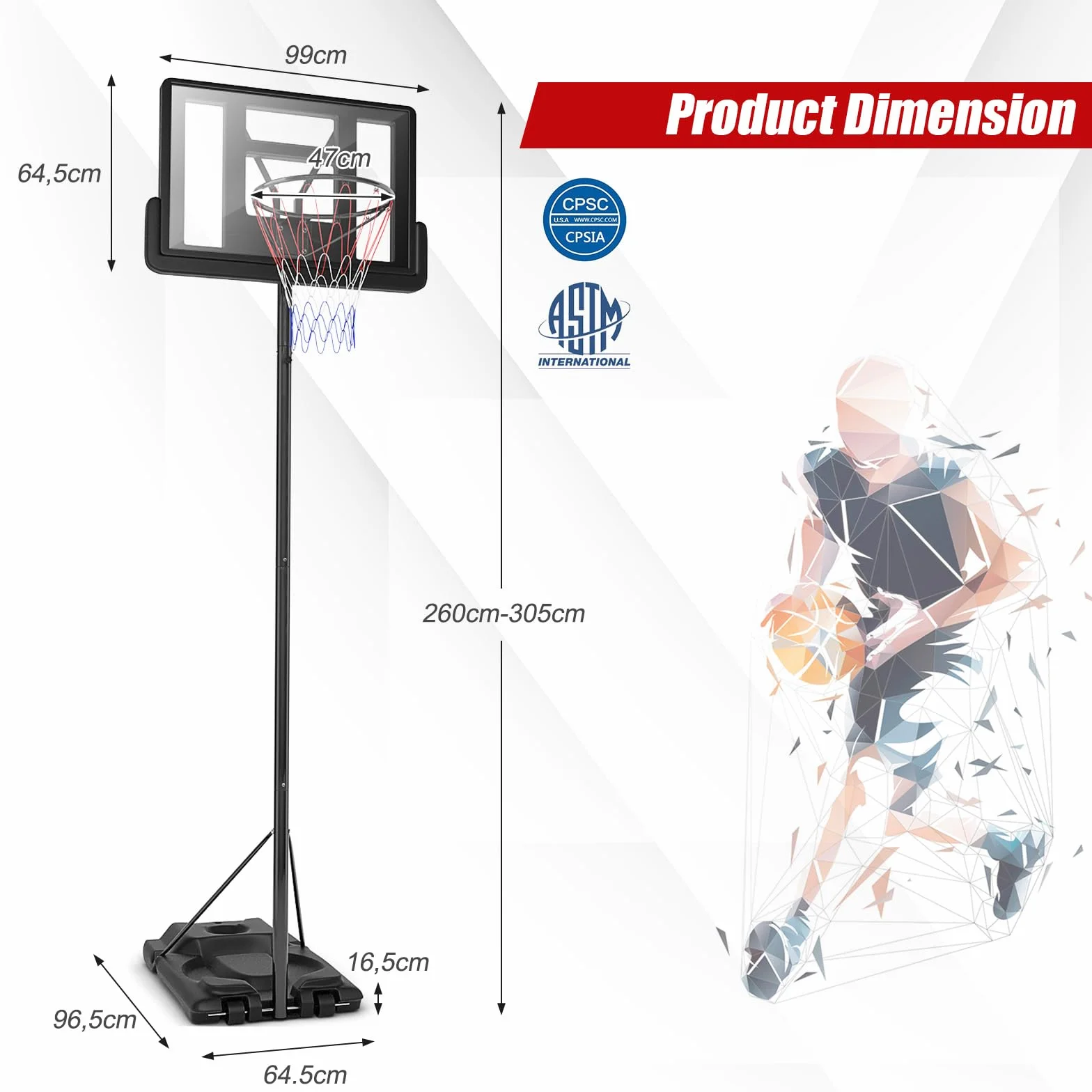 Canasta de Baloncesto Ajustable 180-305 cm, Soporte Portátil con Base Rellenable y Ruedas para Niños y Adultos