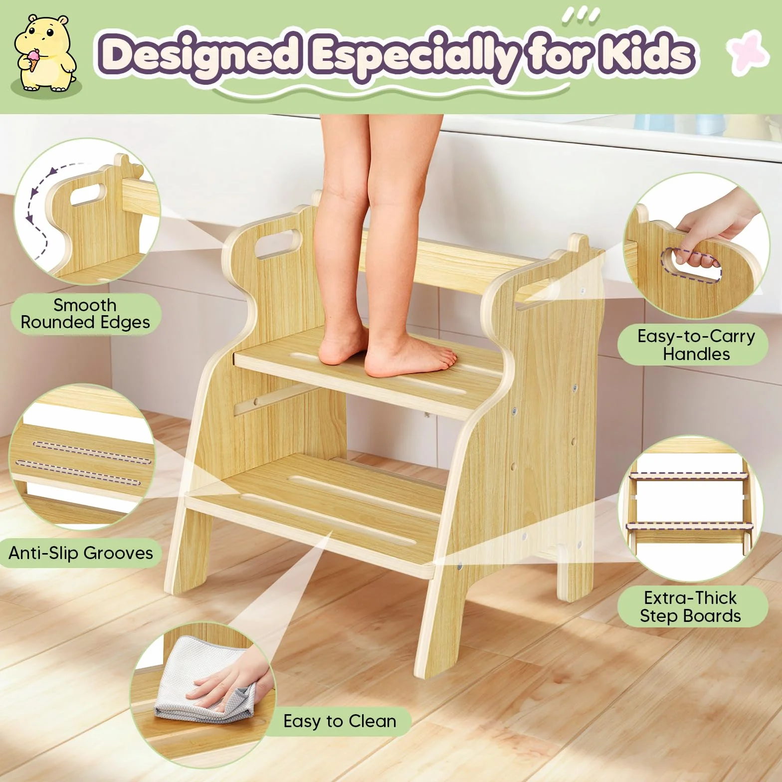 Taburete de Madera para Niños con 2 Escalones - Banqueta para Dormitorio, Baño, Cocina