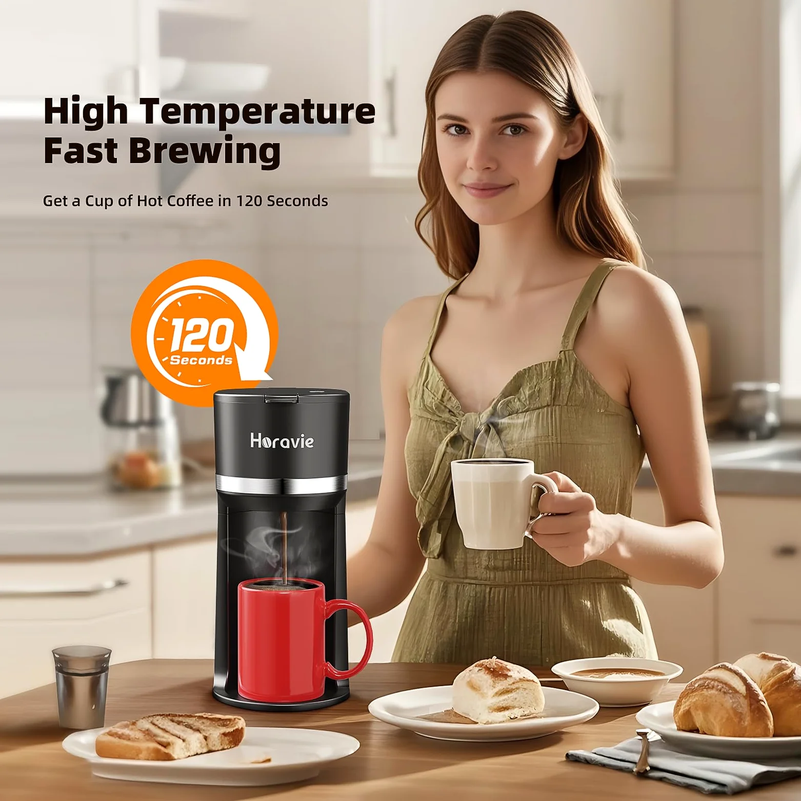 Horavie Mini cafetera de una sola porción para taza K y café molido, máquina de café de una taza de cerveza rápida con recordatorio de descalcificación y ventana de agua, 6 a 12 onzas, tamaños de