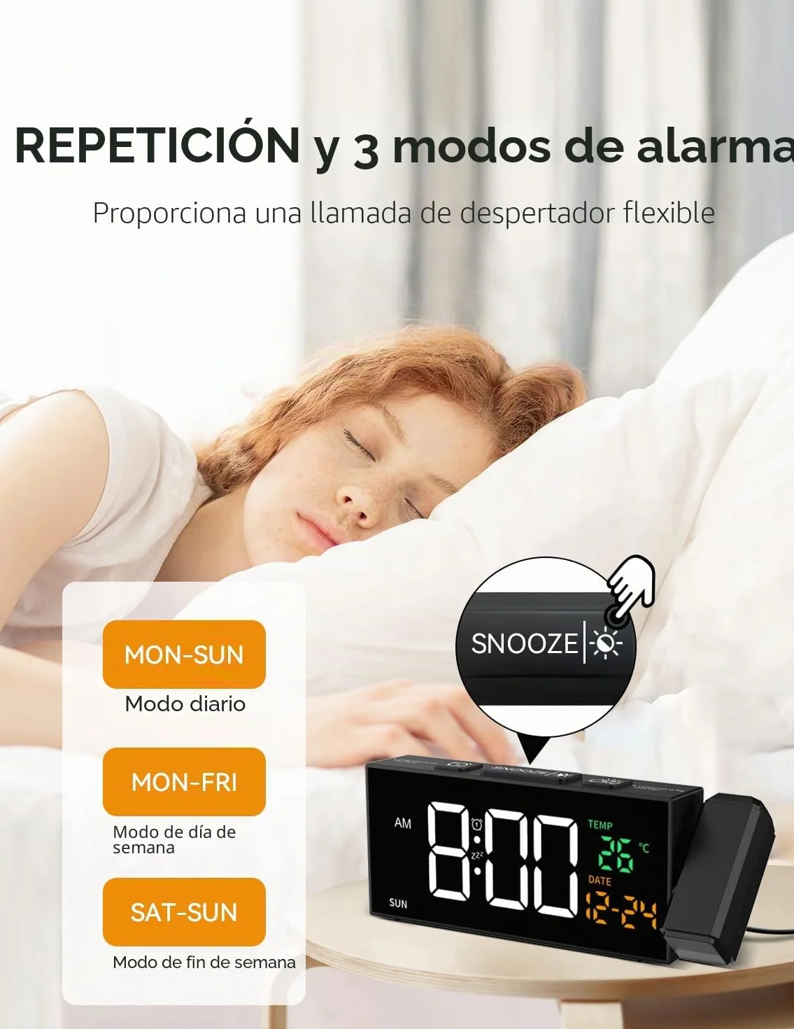 Despertador digital con función de proyección, Reloj despertador con proyector de 350°, termómetro, fecha, pantalla grande, 10 tonos de llamada, Snooze, DST manual, Reloj despertador para dormitorio