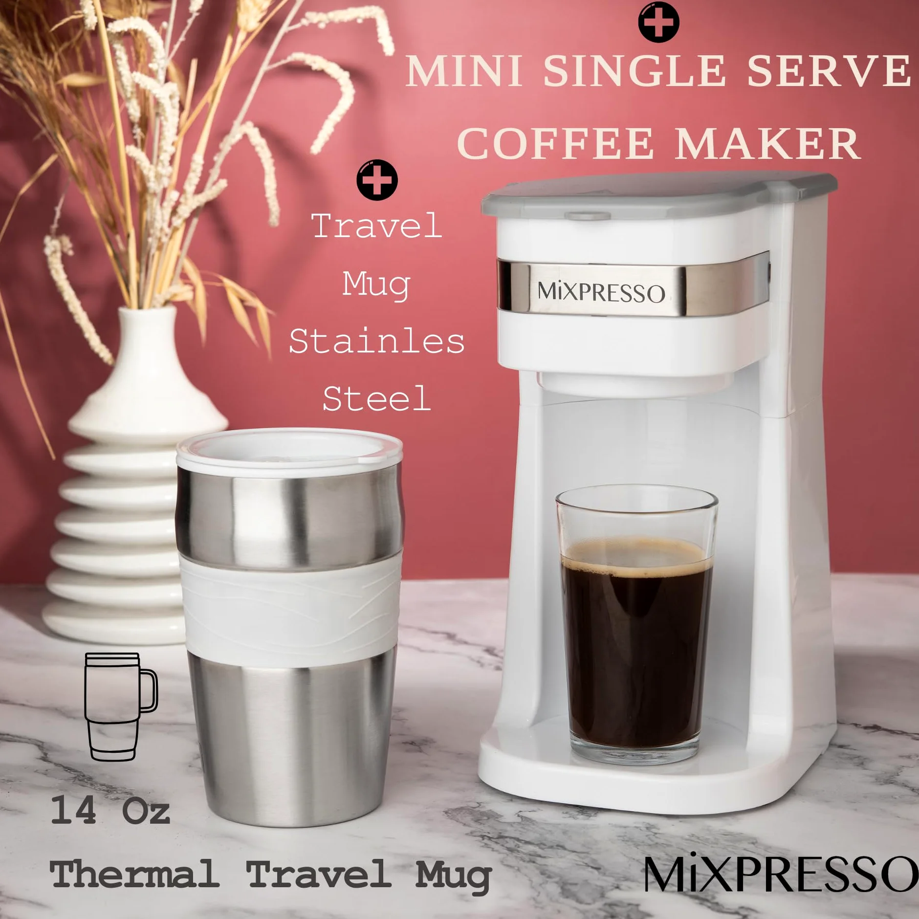 Mixpresso Cafetera personal blanca de una sola porción con taza de viaje de 14 onzas, cafetera pequeña de goteo con apagado automático, filtro reutilizable, funciona solo con café molido, no para