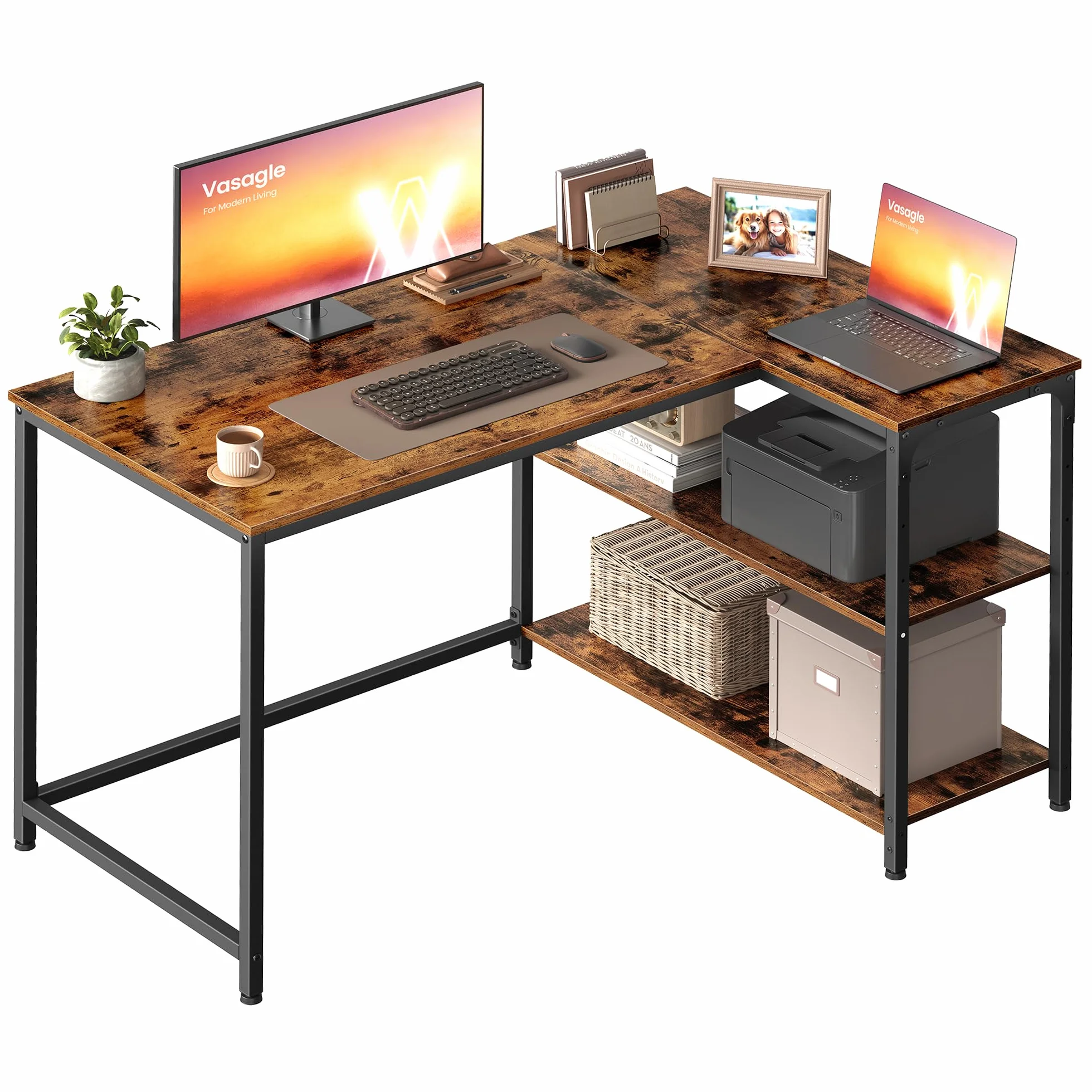 VASAGLE Escritorio en L, Escritorio Gaming para Ordenador con Estantería, Baldas de Altura Regulable, Estación de Trabajo para Estudio y Oficina, 110 x 80 cm, Marrón Rústico LWD135KD01