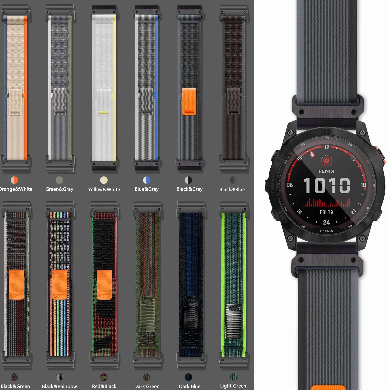 ZoRoll 26mm QuickFit Correa Nailon para Garmin Fenix 8 51mm, Fenix 7X Pro, Enduro 3, tactix 7 AMOLED, Epix Pro - Negra&Gris