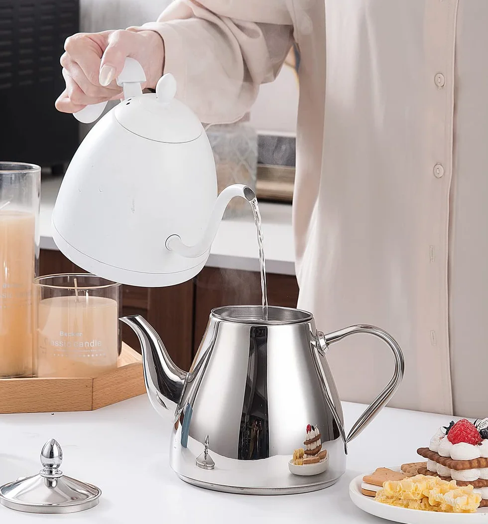 SANQIAHOME 1,2 litros Tetera de acero inoxidable con Filtro para infusiones extraíble,Cafetera, De Plata