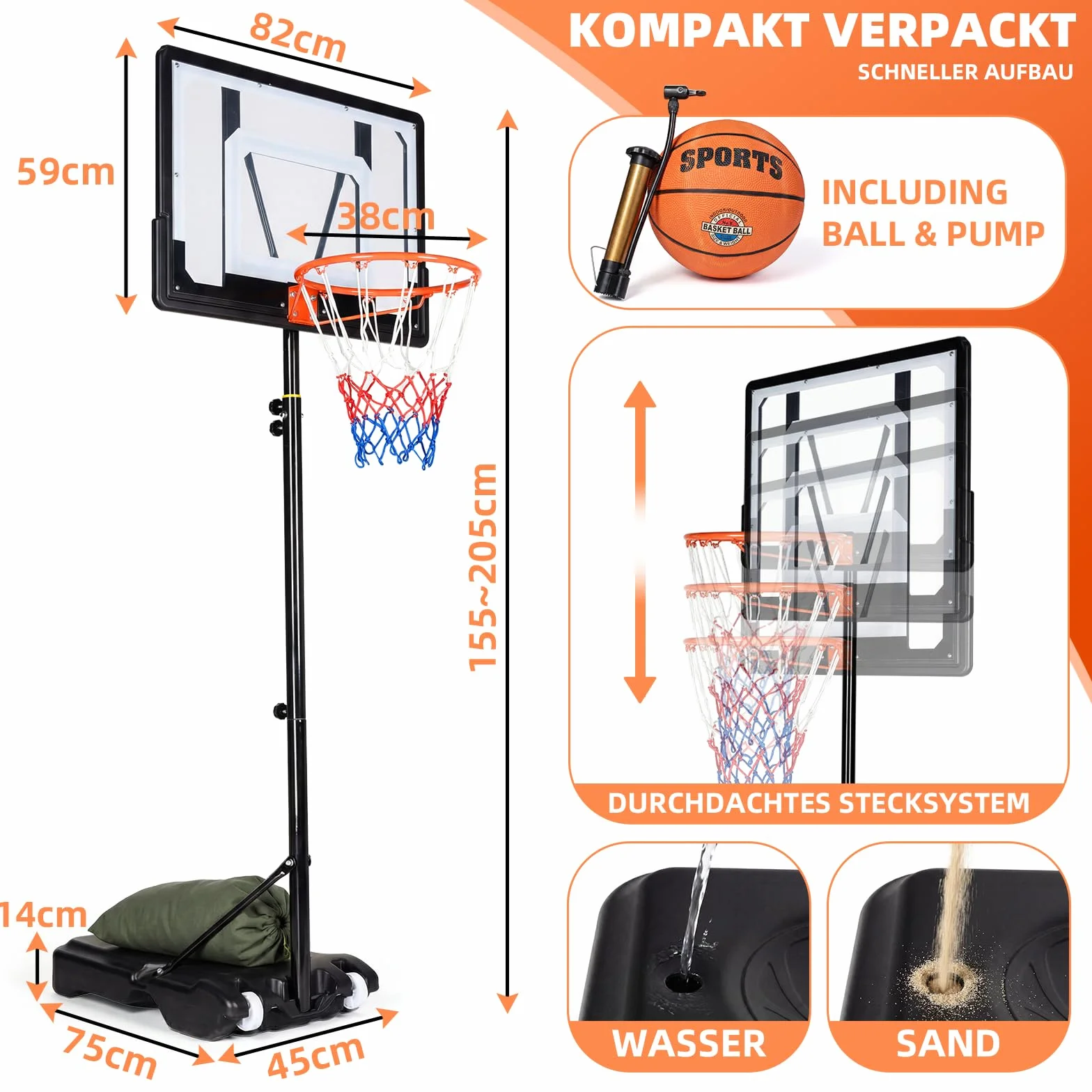 VOWNER Canasta de baloncesto exterior regulable altura soporte base ampliada saco arena incluye pelota bomba móvil equipo niños