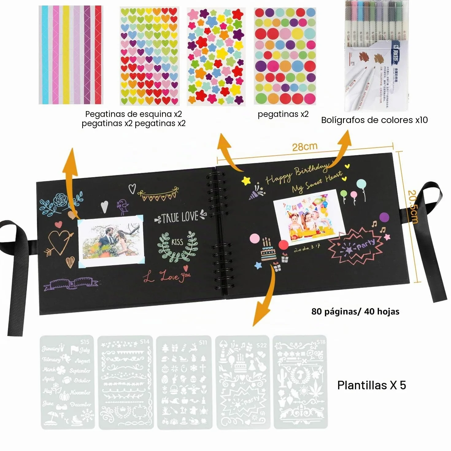 Album de Fotos para Pegar y Escribir Scrapbook, 80 Páginas Negras, DIY Scrapbooking Set con 10 rotuladores 5pcs Plantillas 6pcs Pegatinas y 2pcs Photo Corners, Original Regalos