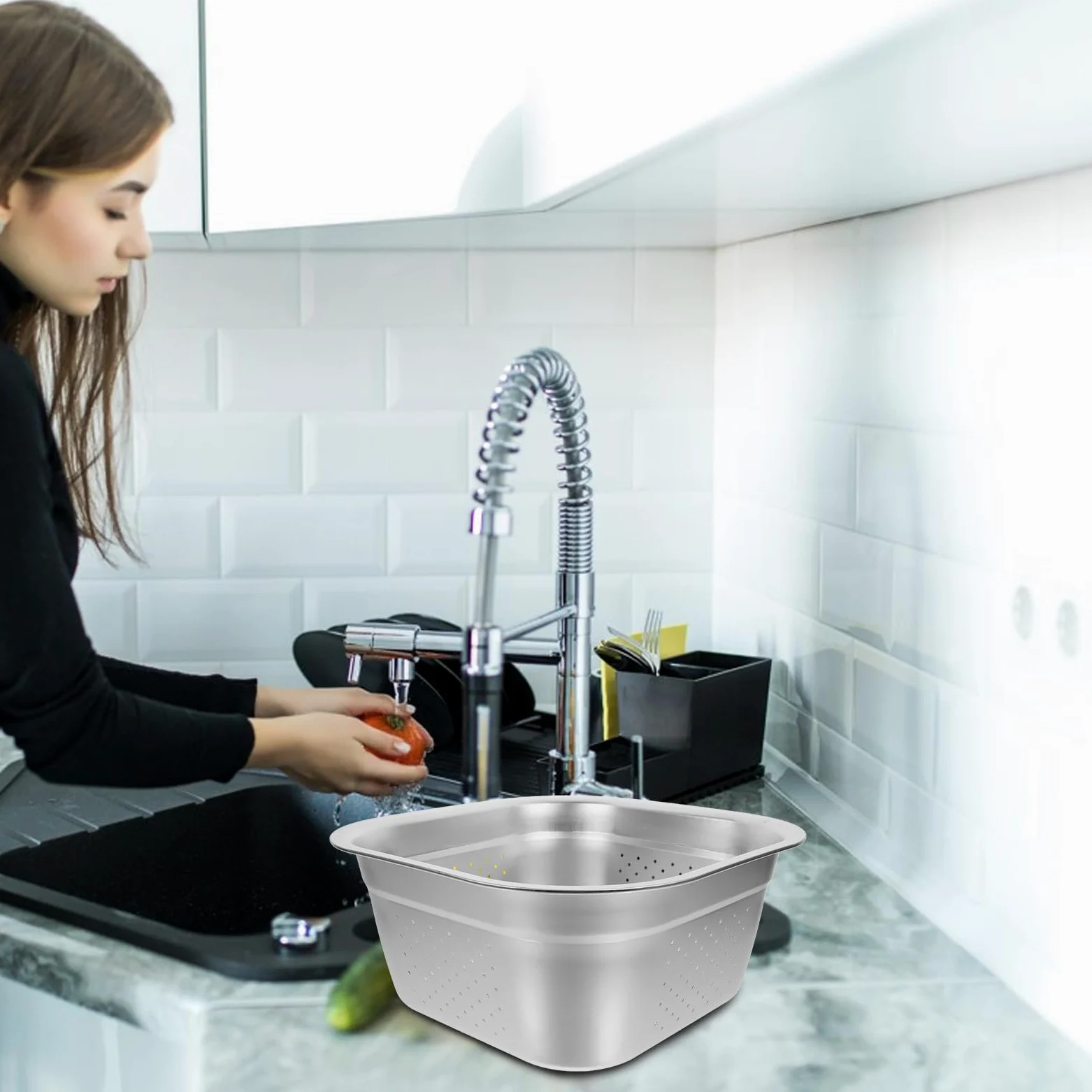 Colador de Acero Inoxidable Malla Fina y Gran Capacidad para Escurrir Verduras y Frutas en Cocina, Lavabo Cuadrado de 30 CM para Uso Doméstico y Profesional