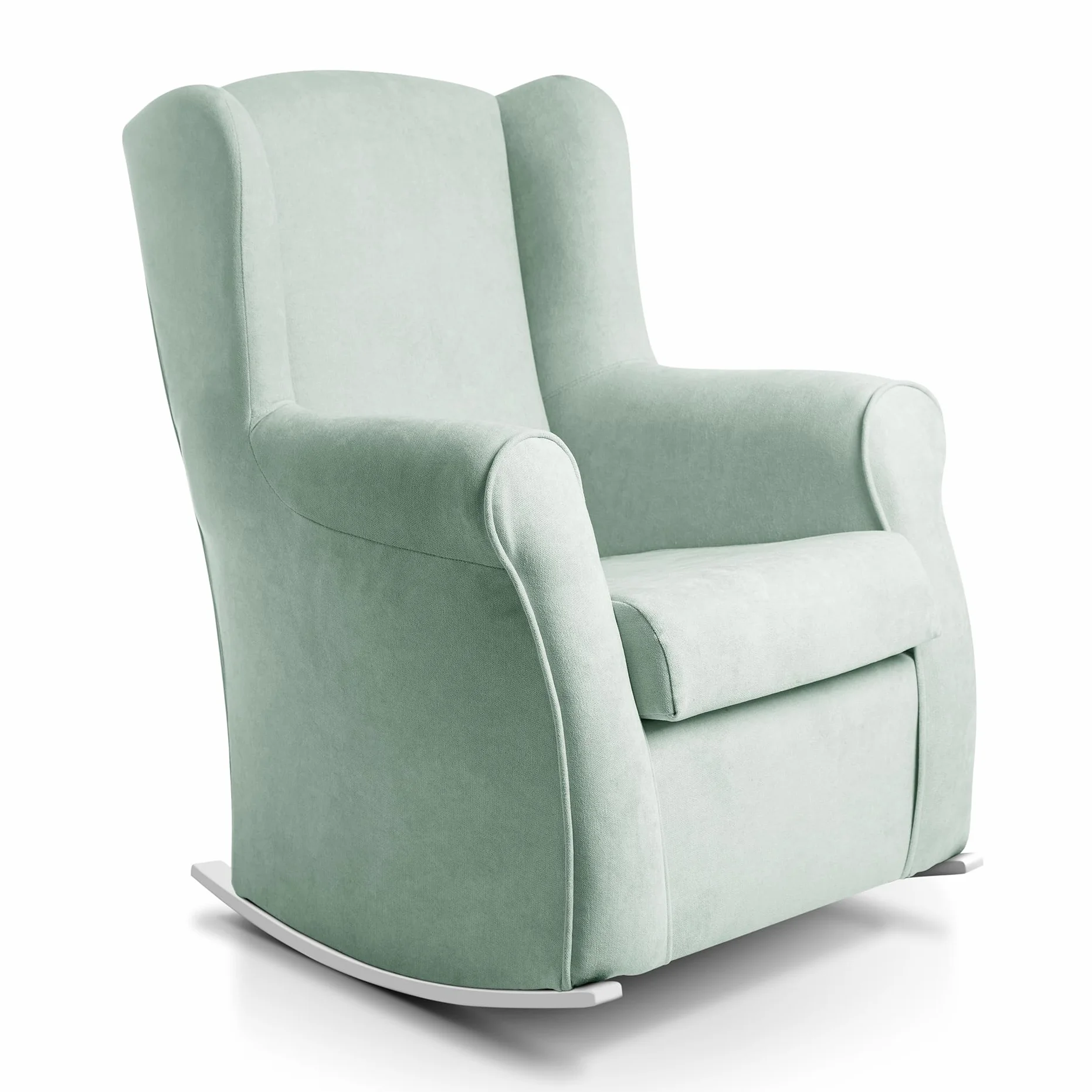 Sillon orejero balancin blanco CARLA (Sillon lactancia)Sillón tapizado antimanchas acualine color Verde Agua. Mecedora para dormitorio, salon o habitacion de bebe