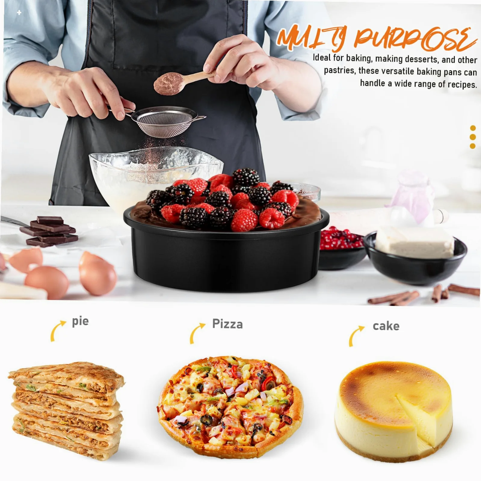 ibasenice 3 Piezas Molde para Pastel Redondo, Molde Redondo para Pastel 8 Pulgadas Negro, Acero al Carbono, Antiadherente, Fácil Mantenimiento, 100 Hojas de Papel Pergamino, para Hornear